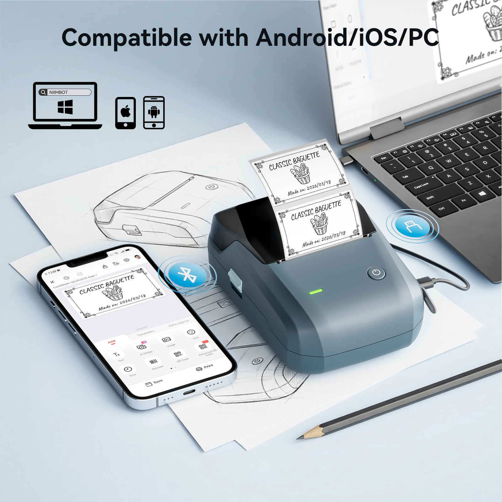 NB493 - NIIMBOT - B1 - PORTABLE THERMAL LABEL BLUETOOTH PRINTER INCL FREE WHITE LABEL (50X30MM)