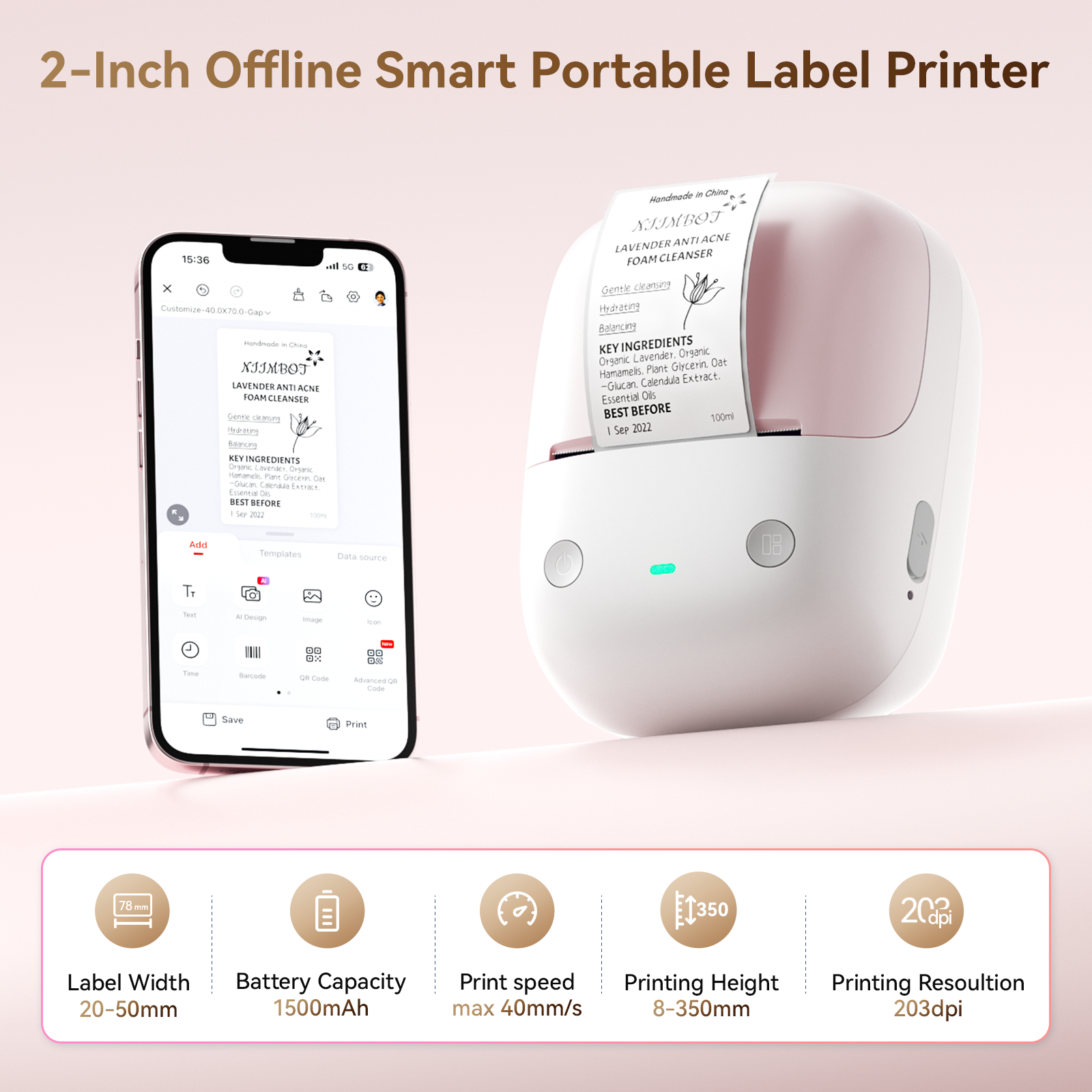 NB807 - NIIMBOT - B2 - 203DPI - PORTABLE THERMAL LABEL PRINTER INCL FREE LABEL ROLL (50X30MM)