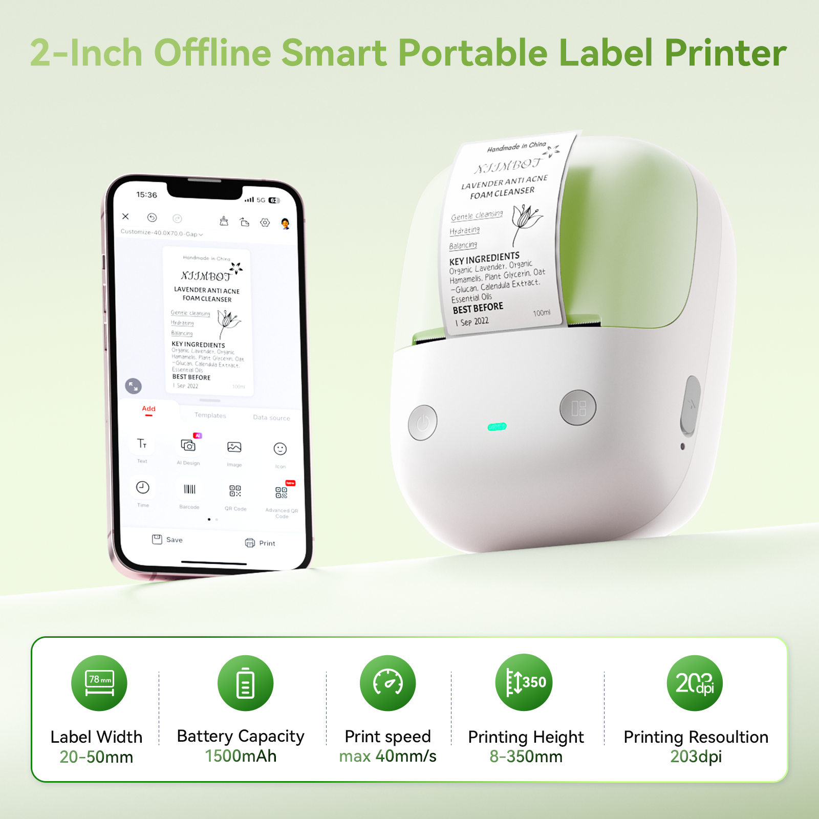 NB807 - NIIMBOT - B2 - 203DPI - PORTABLE THERMAL LABEL PRINTER INCL FREE LABEL ROLL (50X30MM)