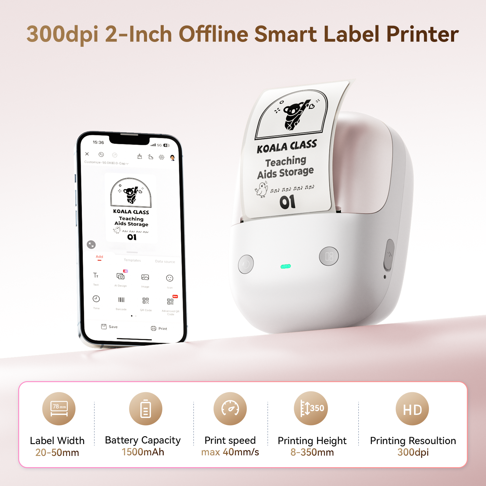 NB808 - NIIMBOT - B2_PRO - 300DPI - PORTABLE THERMAL LABEL PRINTER INCL FREE LABEL (50x30MM)