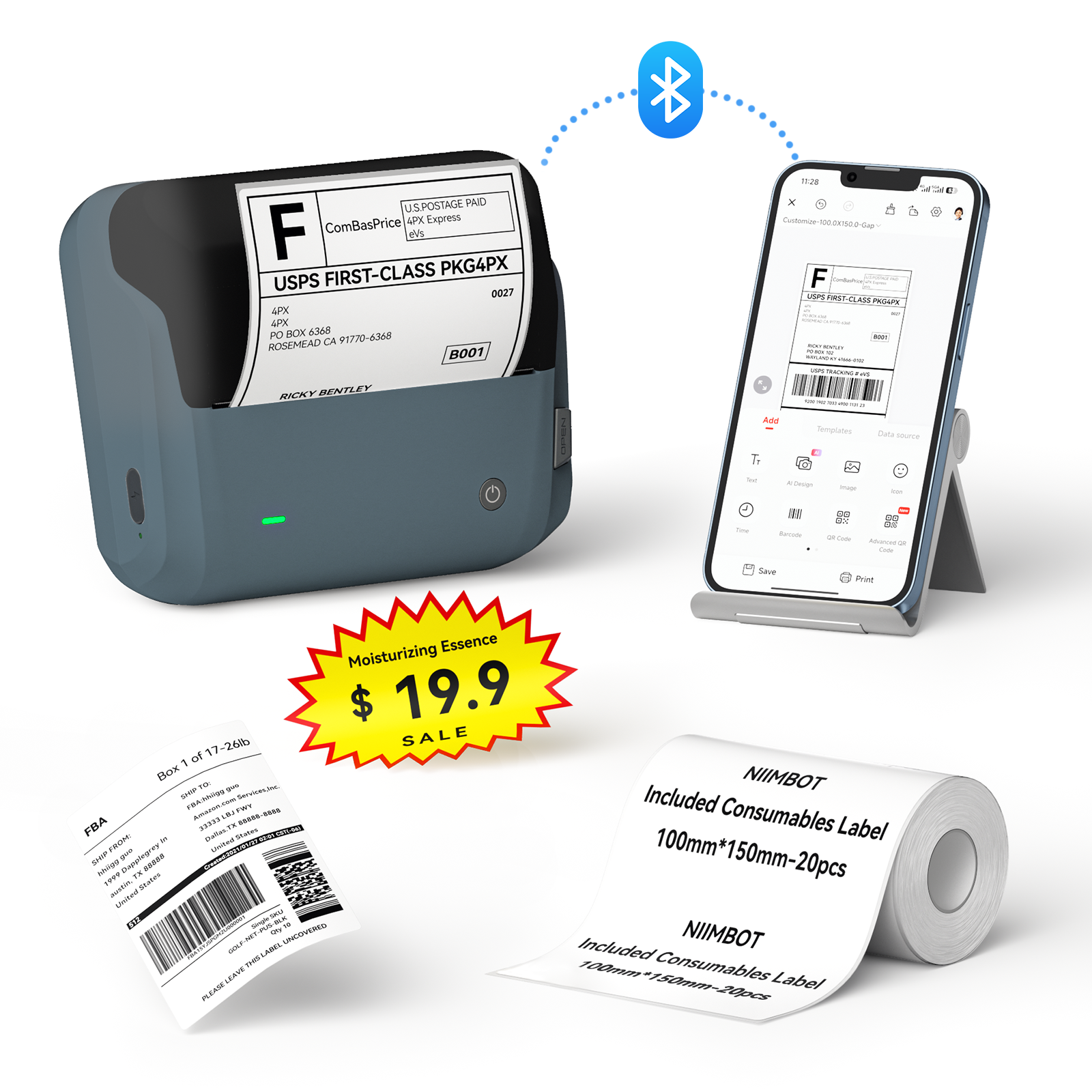 NB609 - NIIMBOT - B4 - BLUETOOTH SHIPPING THERMAL LABEL PRINTER INCL FREE LABEL ROLL