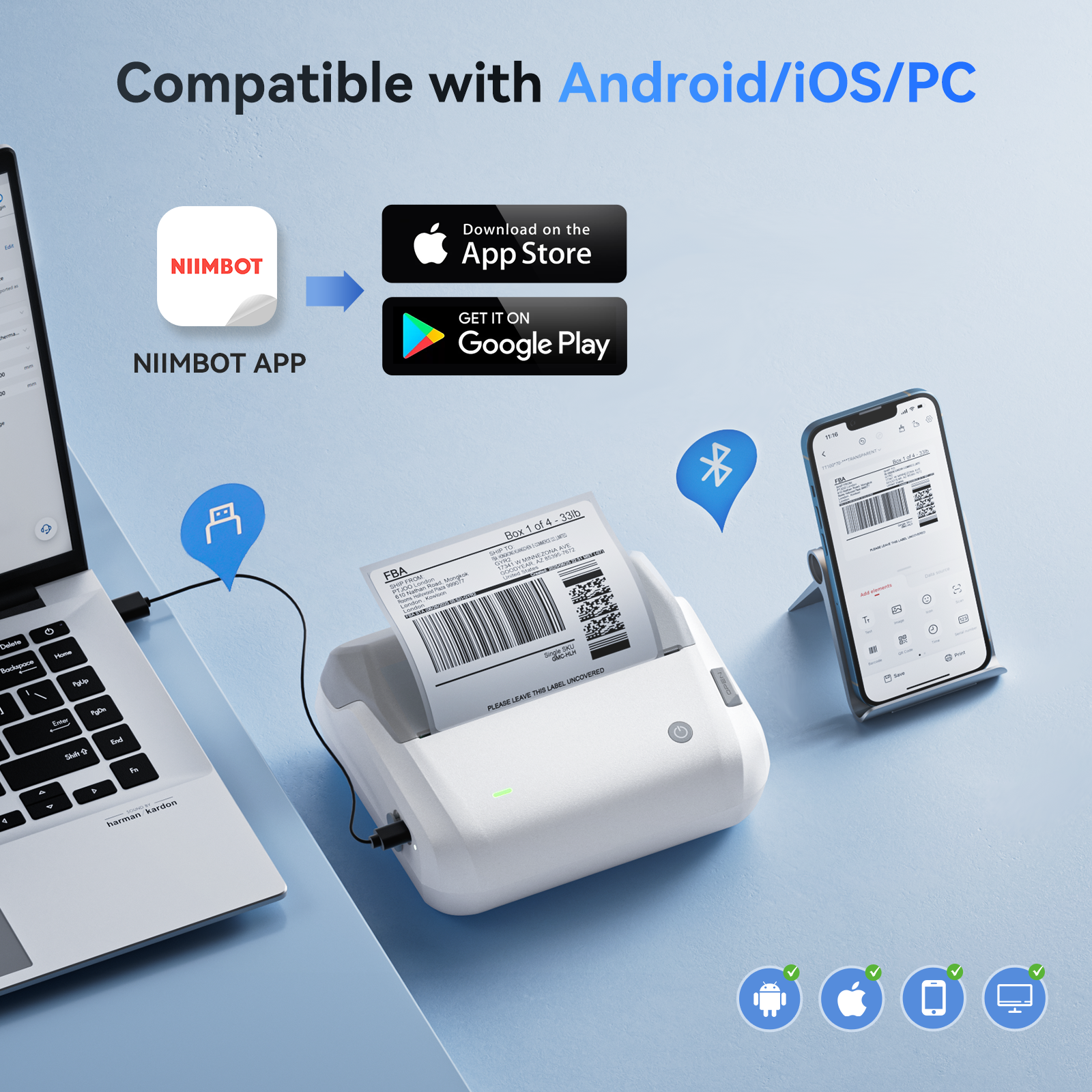 NB609 - NIIMBOT - B4 - BLUETOOTH SHIPPING THERMAL LABEL PRINTER INCL FREE LABEL ROLL