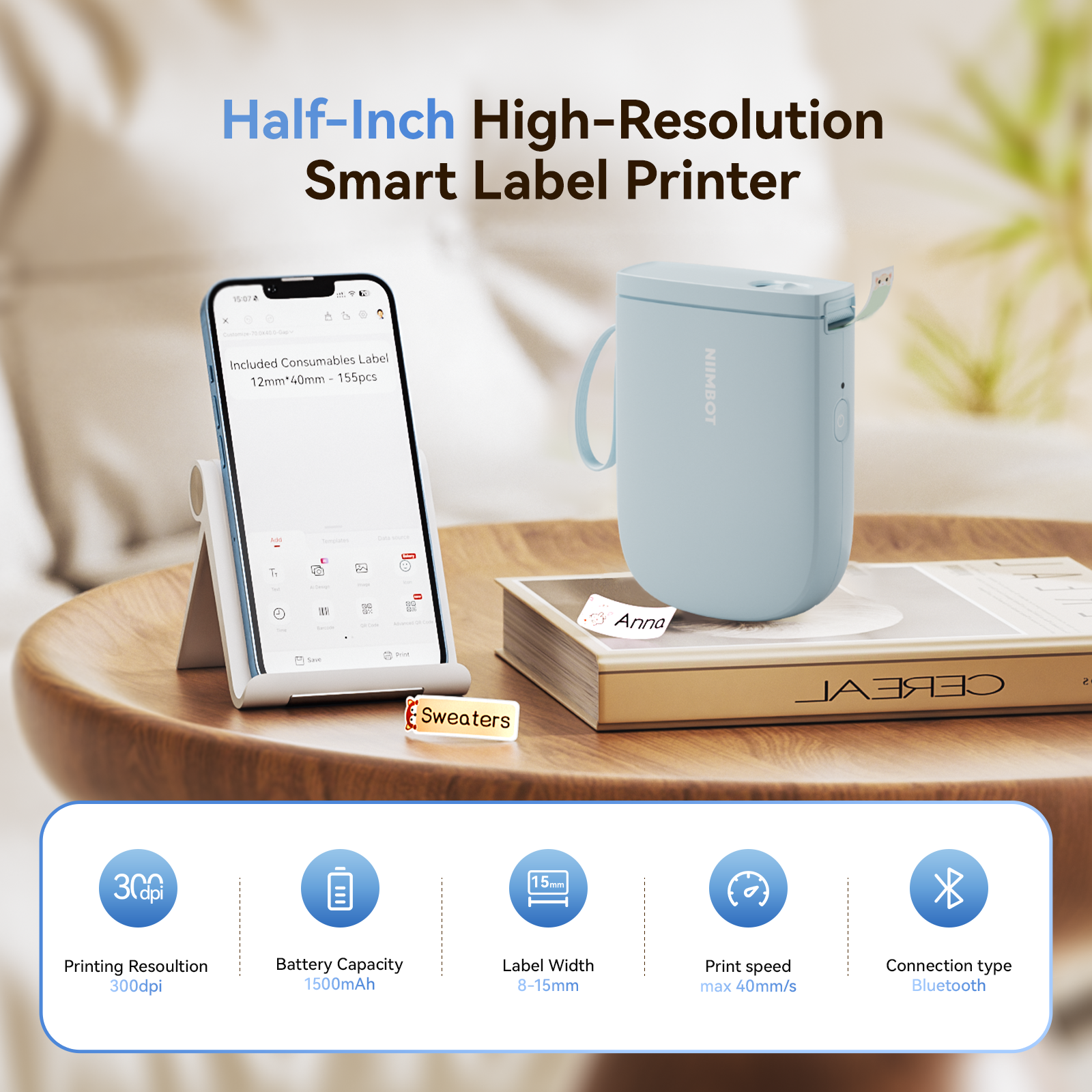 NIIMBOT - D11_H - 300 DPI - IMPRIMANTE D'ÉTIQUETTES BLUETOOTH PORTABLE AVEC ROULEAU D'ÉTIQUETTES OFFERT