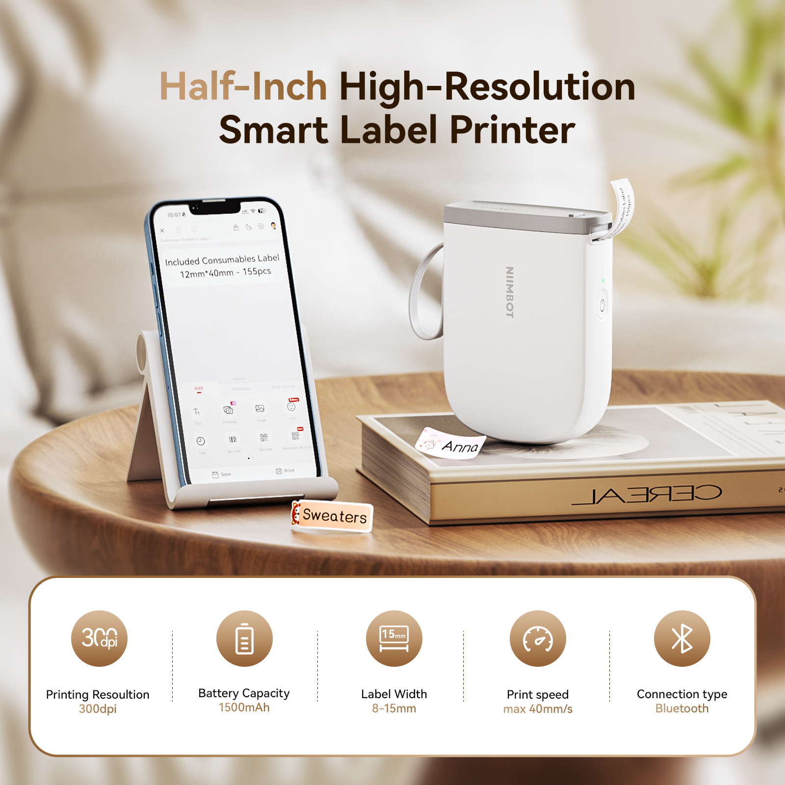 NIIMBOT - D11_H - 300 DPI - IMPRIMANTE D'ÉTIQUETTES BLUETOOTH PORTABLE AVEC ROULEAU D'ÉTIQUETTES OFFERT
