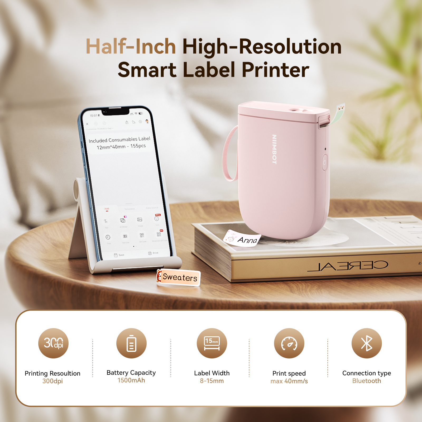 NIIMBOT - D11_H - 300 DPI - IMPRIMANTE D'ÉTIQUETTES BLUETOOTH PORTABLE AVEC ROULEAU D'ÉTIQUETTES OFFERT