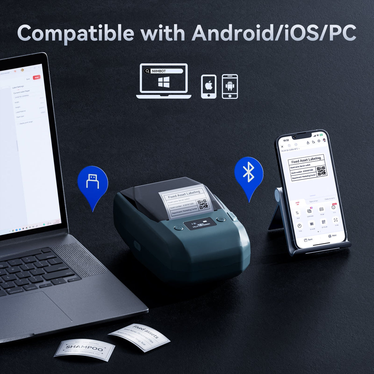 NB589 - NIIMBOT - MODELLO: M2_H - STAMPANTE PER ETICHETTE BLUETOOTH A TRASFERIMENTO TERMICO - 300 DPI - INCLUSA CARTUCCIA DI NASTRO NERO E ROTOLO DI ETICHETTE DA 50*30 MM