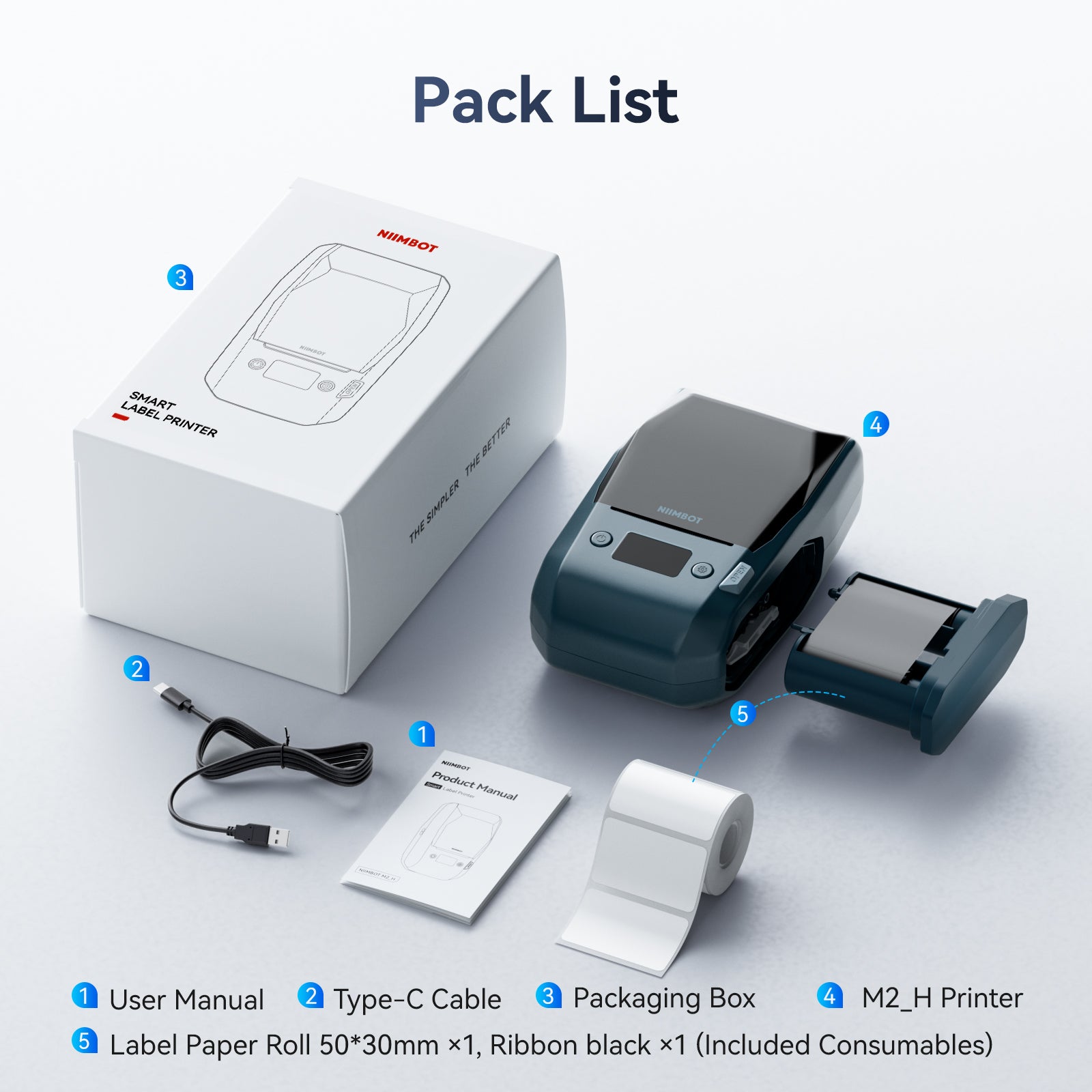 NB589 - NIIMBOT - M2_H - 300DPI THERMAL TRANSFER BLUETOOTH LABEL PRINTER - INCL BLACK RIBBON CARTRIDGE & WHITE 50X30MM LABEL