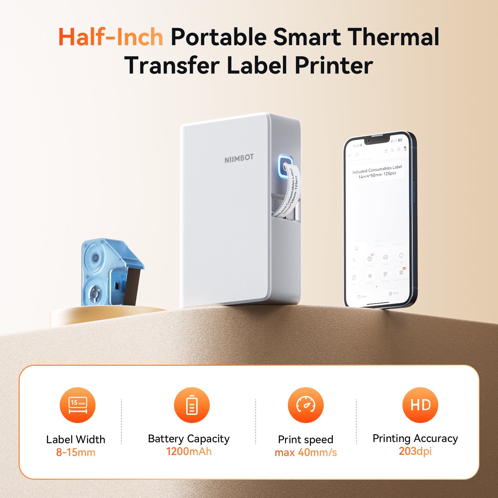 NB623 - Niimbot - N1 - Bluetooth Thermal Transfer Label Printer Incl Free White Label & Black Cartridge (14x50mm)