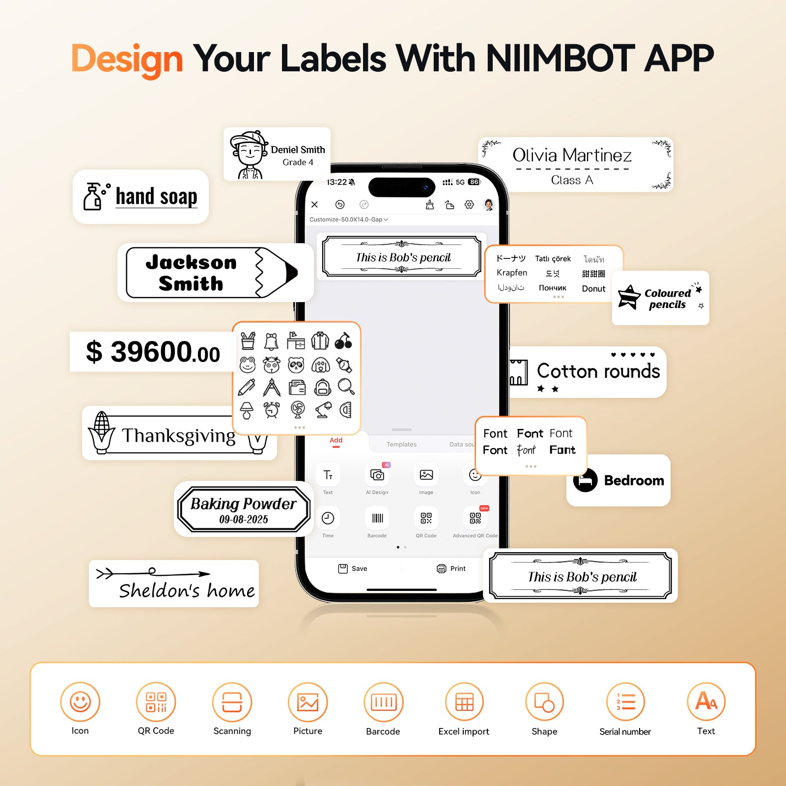 NB623 - NIIMBOT - N1 - STAMPANTE PER ETICHETTE A TRASFERIMENTO TERMICO BLUETOOTH CON ETICHETTA BIANCA E CARTUCCIA NERA GRATUITE (14*50 MM)