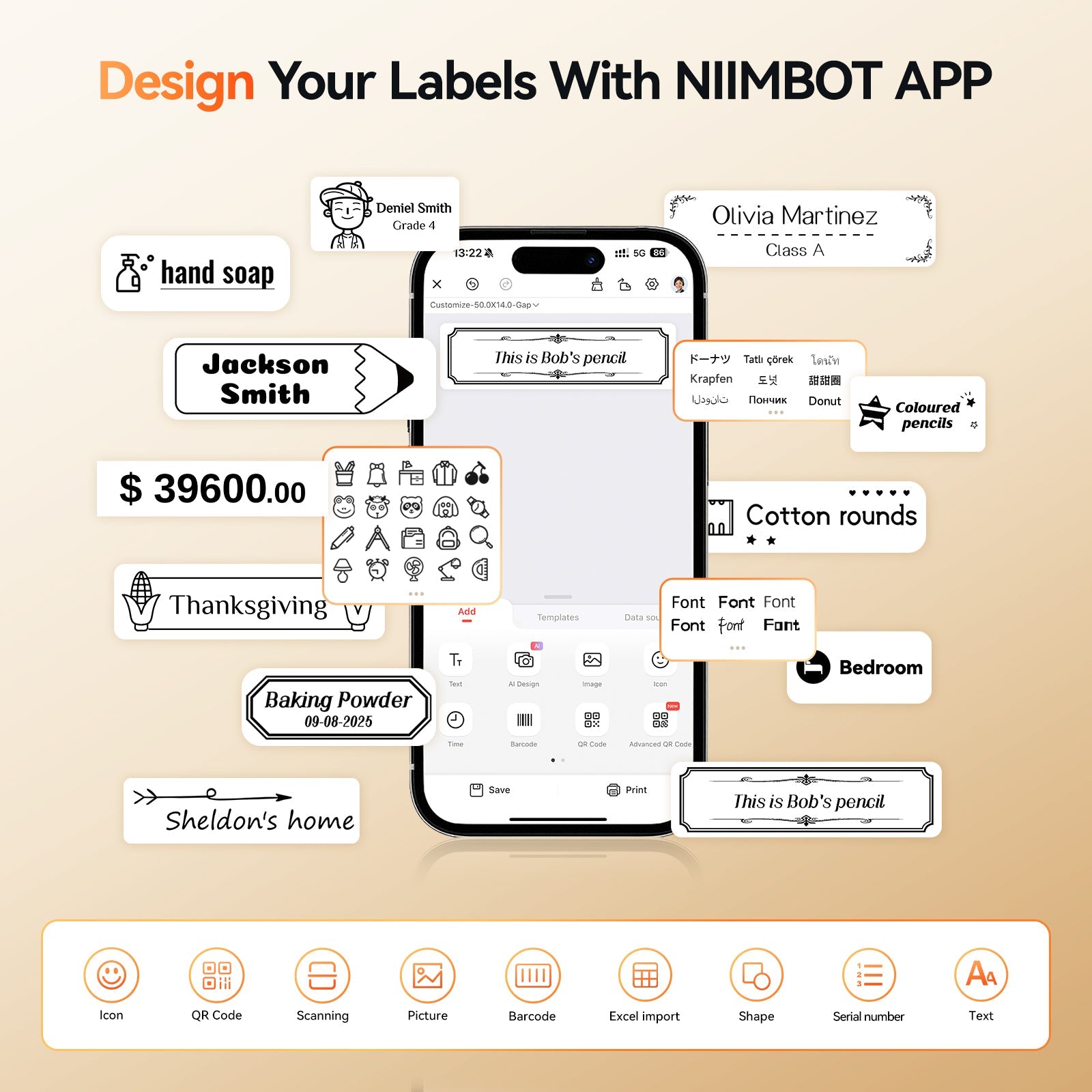 NB623 - Niimbot - N1 - Bluetooth Thermal Transfer Label Printer Incl Free White Label & Black Cartridge (14x50mm)