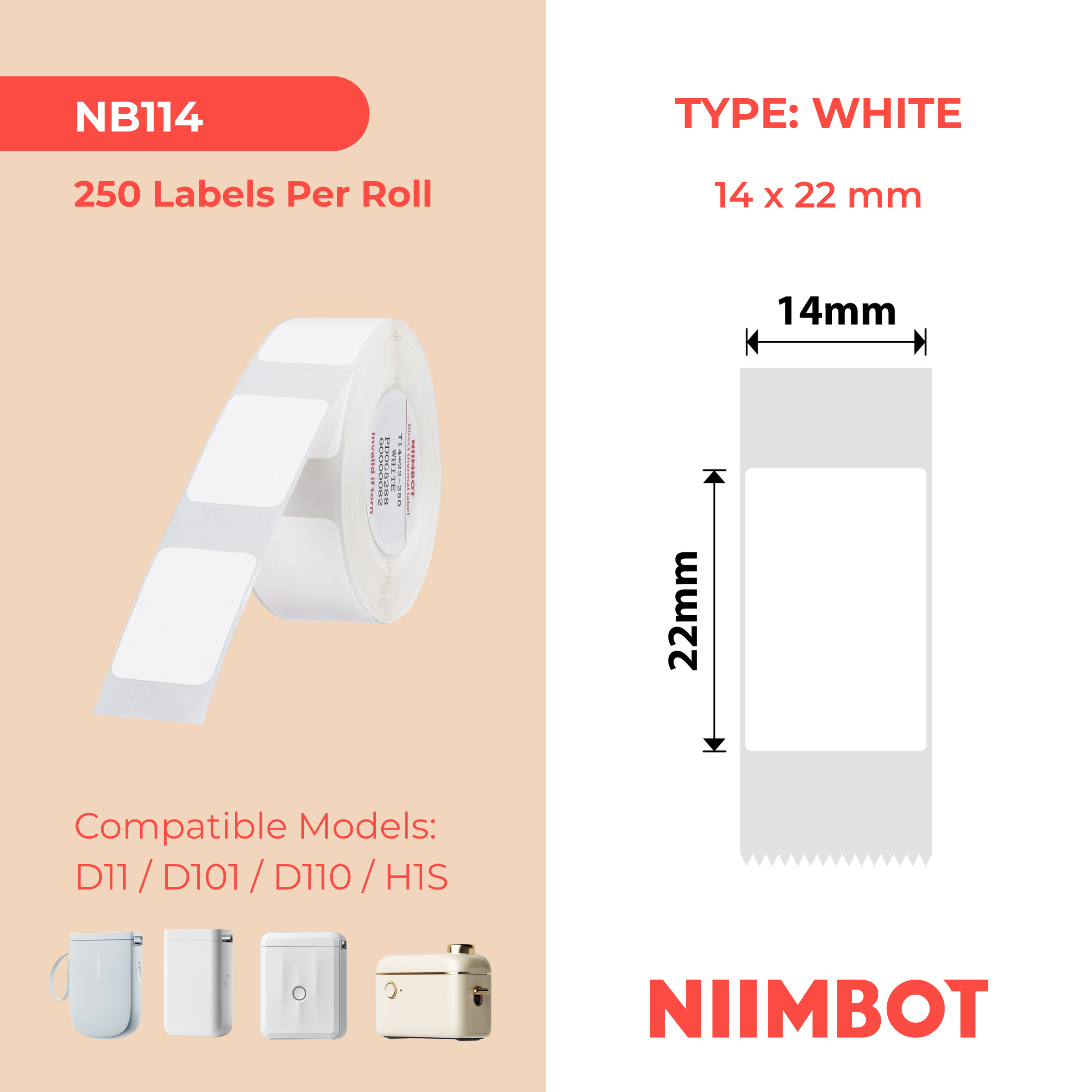NB114 - NIIMBOT - D11 / D101 / D110 / H1S - 14X22MM - 250 WHITE LABELS