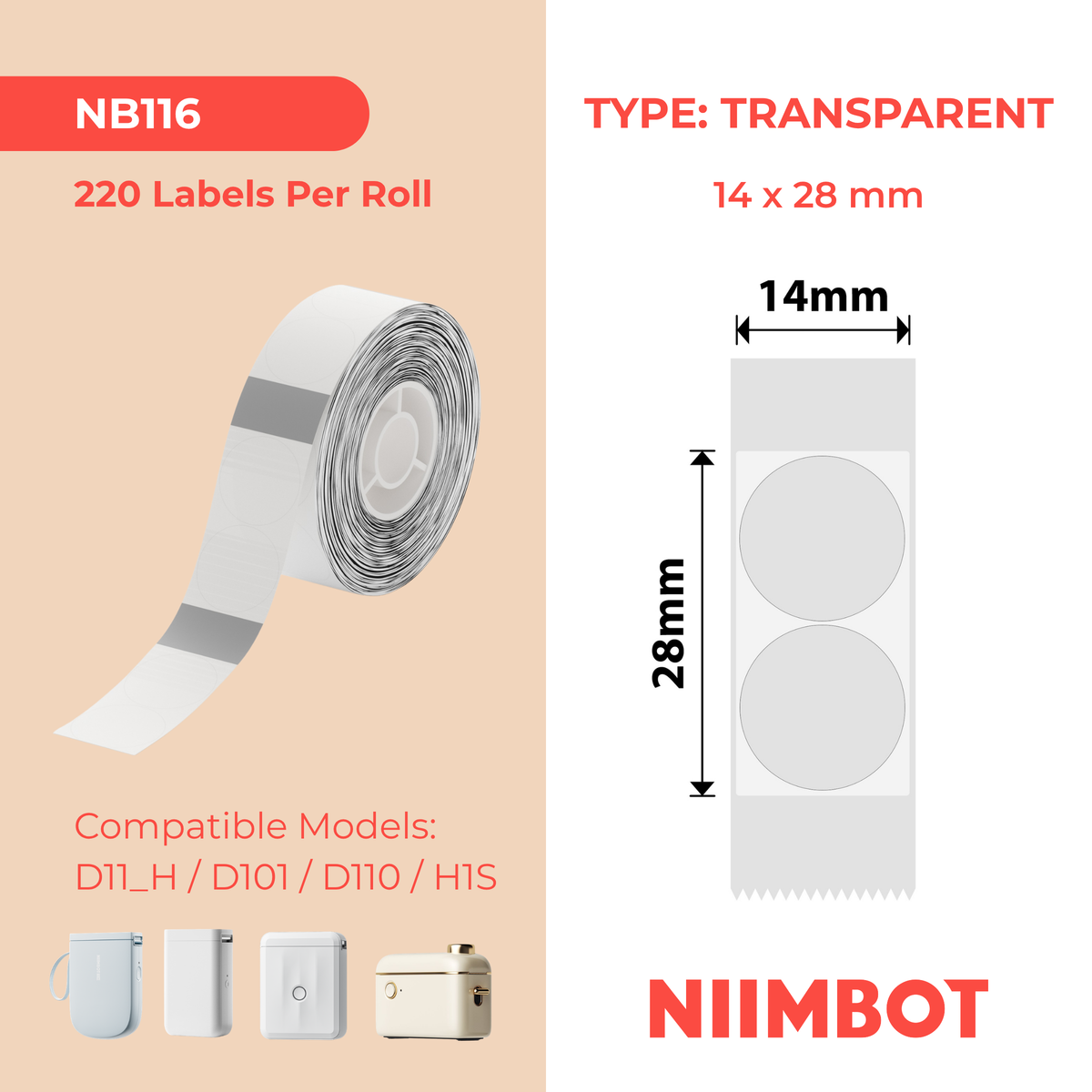 NB116 - NIIMBOT - D11 / D101 / D110 / H1S - 14 x 28 mm - 220 étiquettes par rouleau - rondes - transparentes