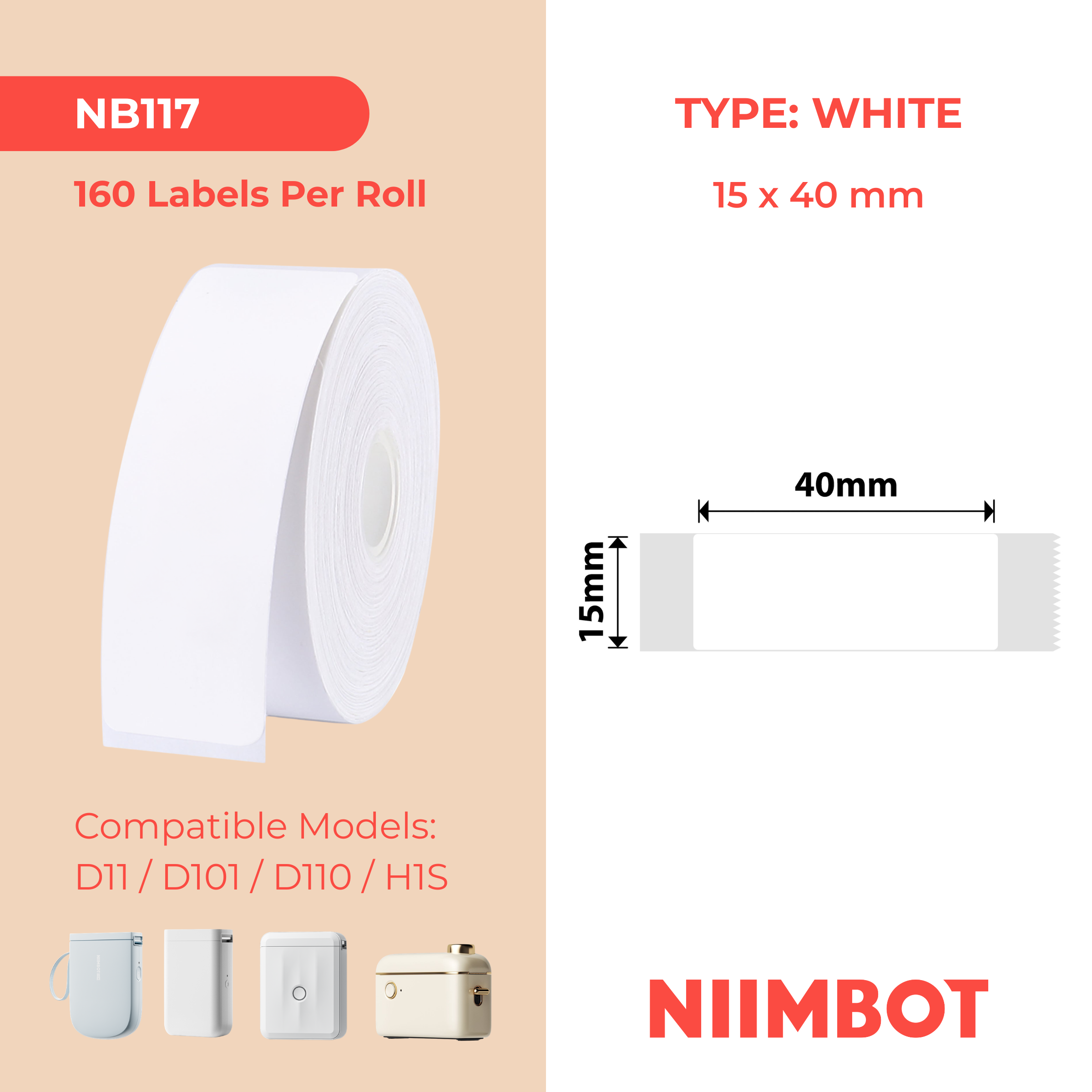 NB117 - NIIMBOT - D11 / D101 / D110 / H1S - 15X40MM - 160 WHITE LABELS