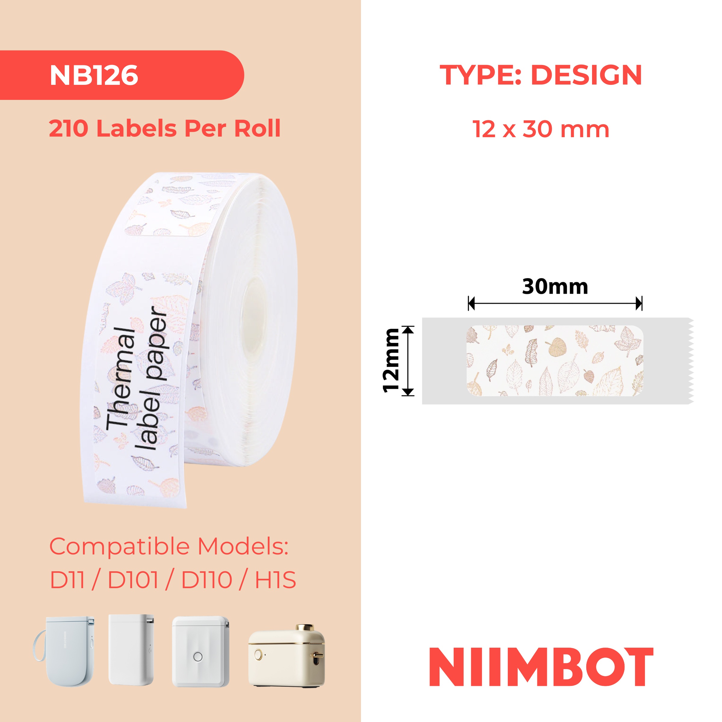 NB126 - NIIMBOT - D11 / D101 / D110 / H1S - 12X30MM - 210 MAPLE LEAF LABELS