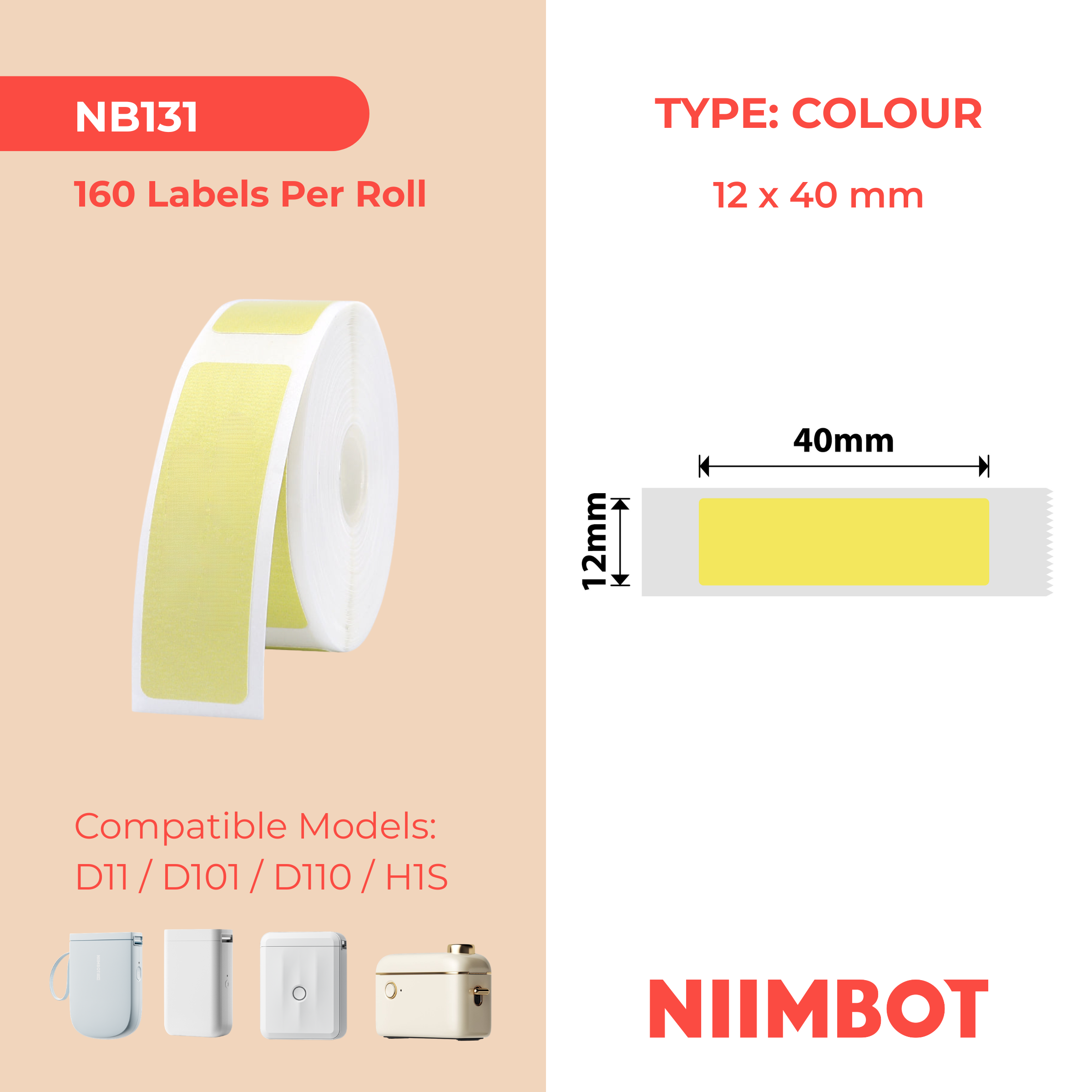 NB131 - NIIMBOT - D11 / D101 / D110 / H1S - 12X40MM - 160 DARK YELLOW LABELS