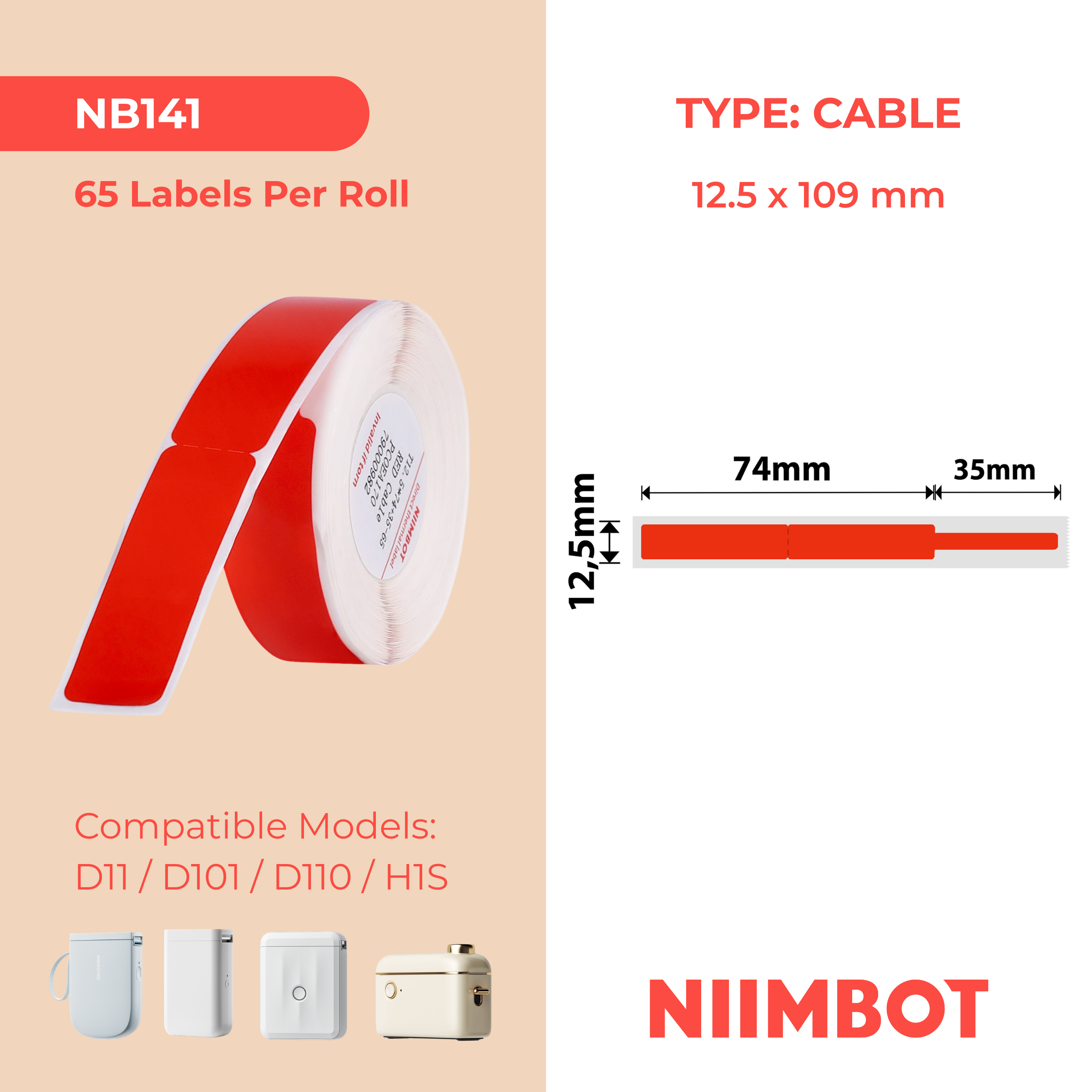 NB141 - NIIMBOT - D11 / D101 / D110 / H1S - 12.5X109MM - 65 RED CABLE LABELS