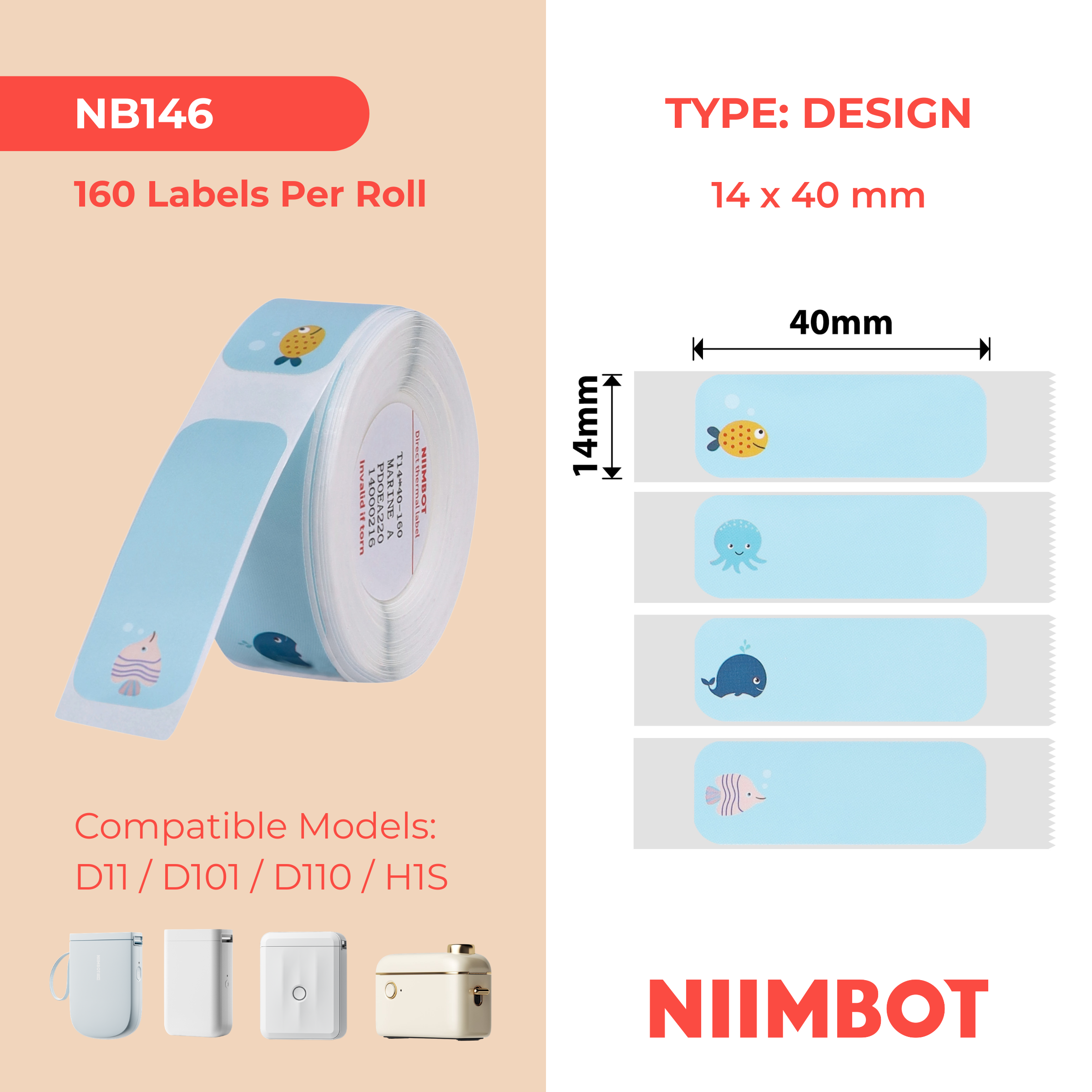 NB146 - NIIMBOT - D11 / D101 / D110 / H1S - 14X40MM - 160 MIXED SEA ANIMALS LABELS