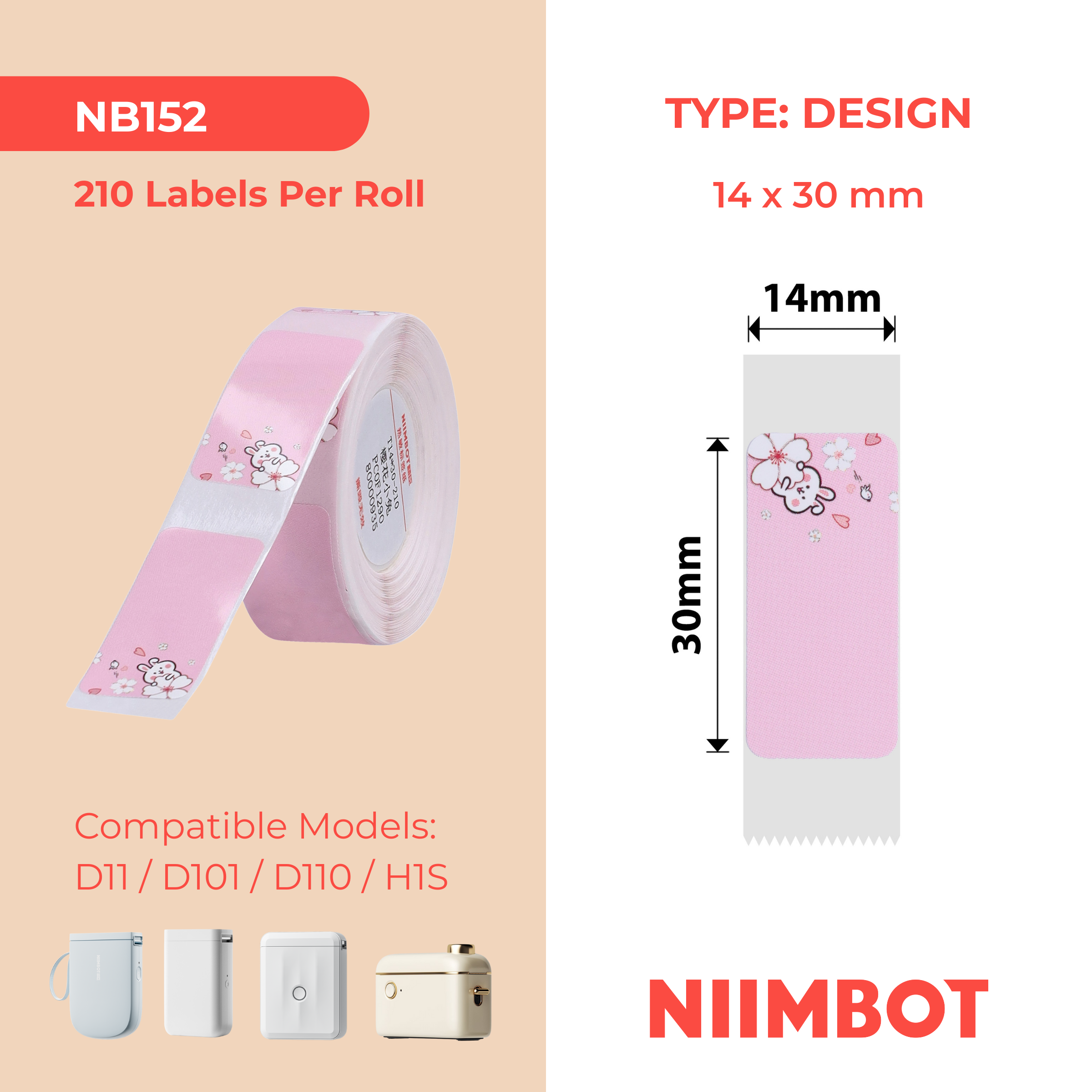 NB152 - NIIMBOT - D11 / D101 / D110 / H1S - RP14X30MM - 210 ÉTIQUETTES PAR ROULEAU - MOTIFS LAPIN ROSE