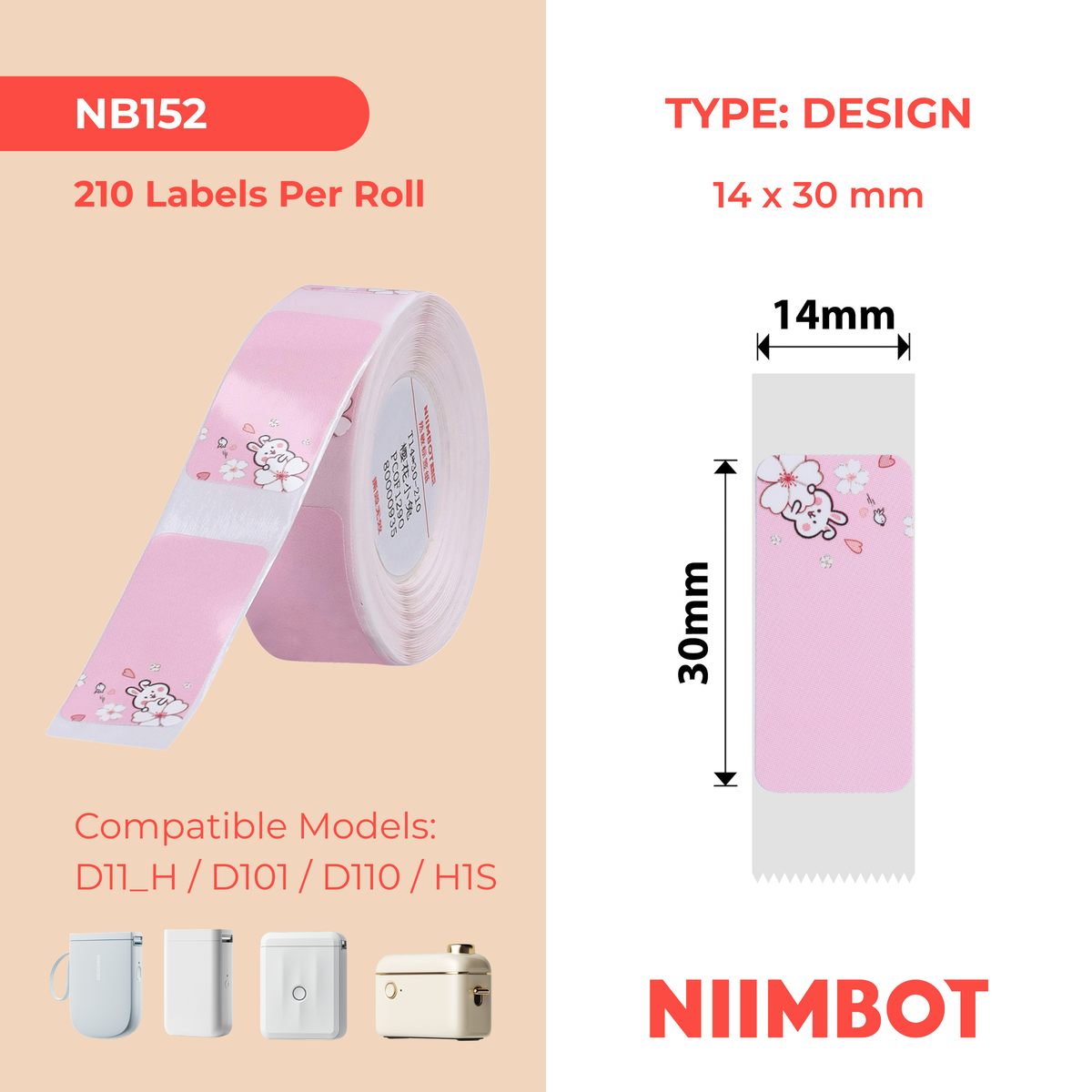 NIIMBOT - D Range - 14x30mm - Pink Rabbit - 210 Labels