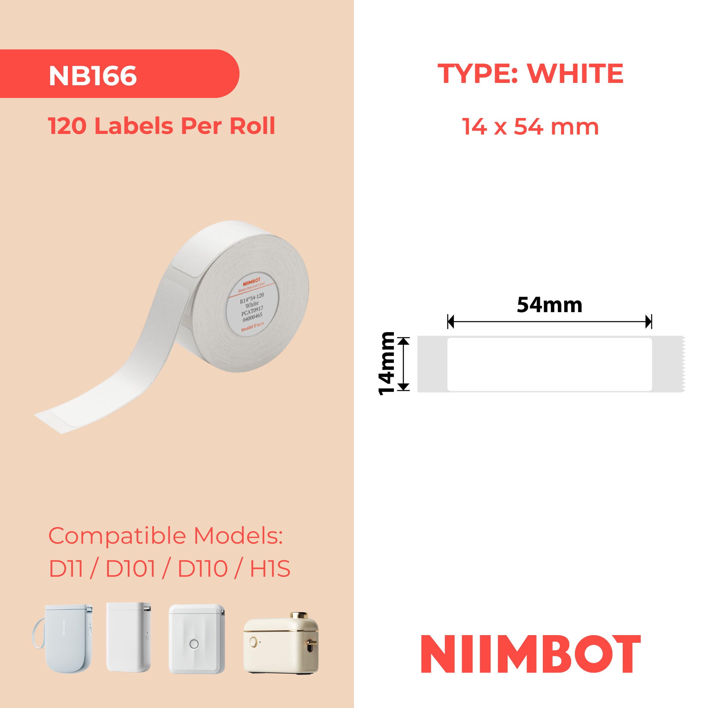 NB166 - NIIMBOT - D11 / D101 / D110 / H1S - 14 x 54 mm - 120 étiquettes par rouleau - Blanches