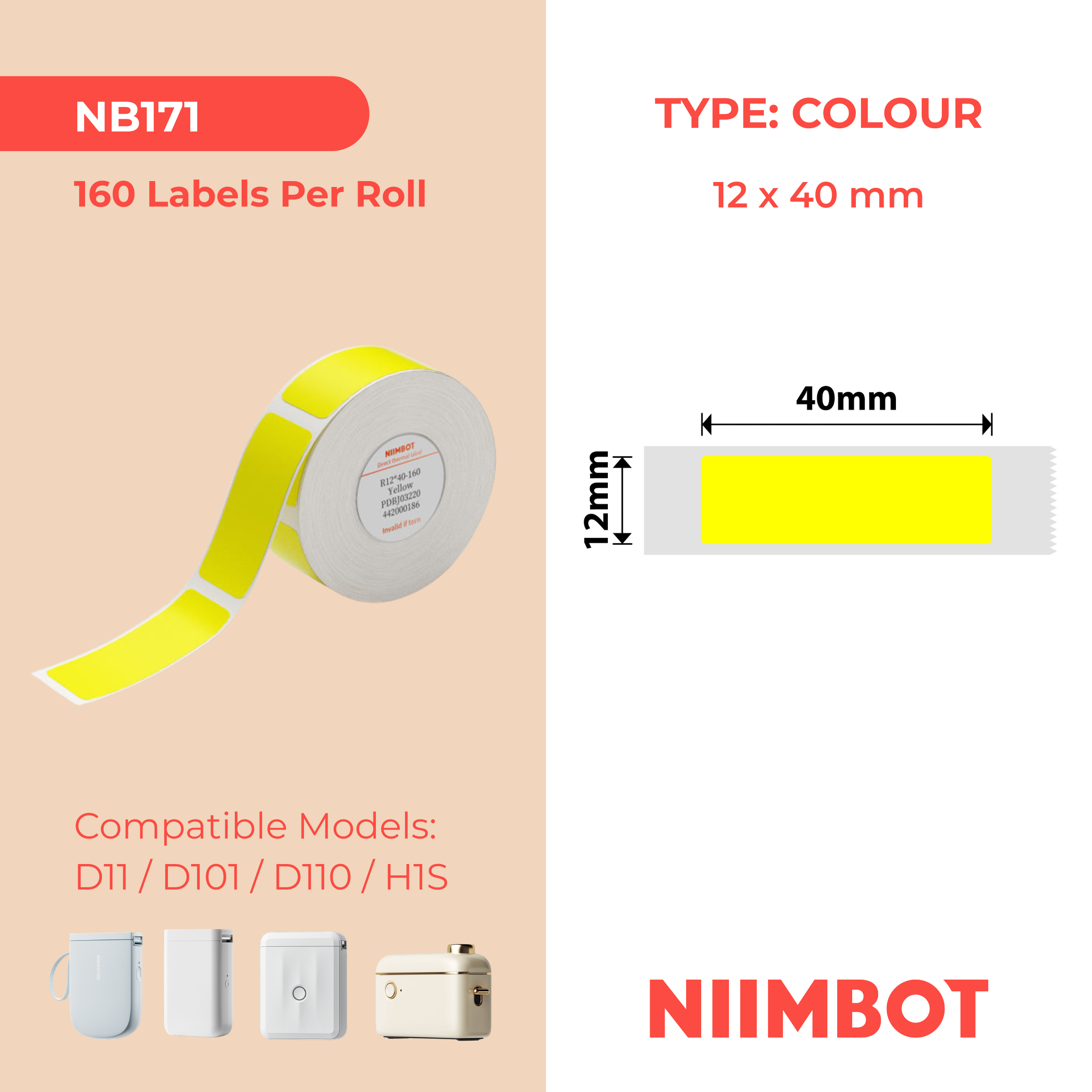 NB171 - NIIMBOT - D11 / D101 / D110 / H1S - 12X40MM - 160 BRIGHT YELLOW LABELS