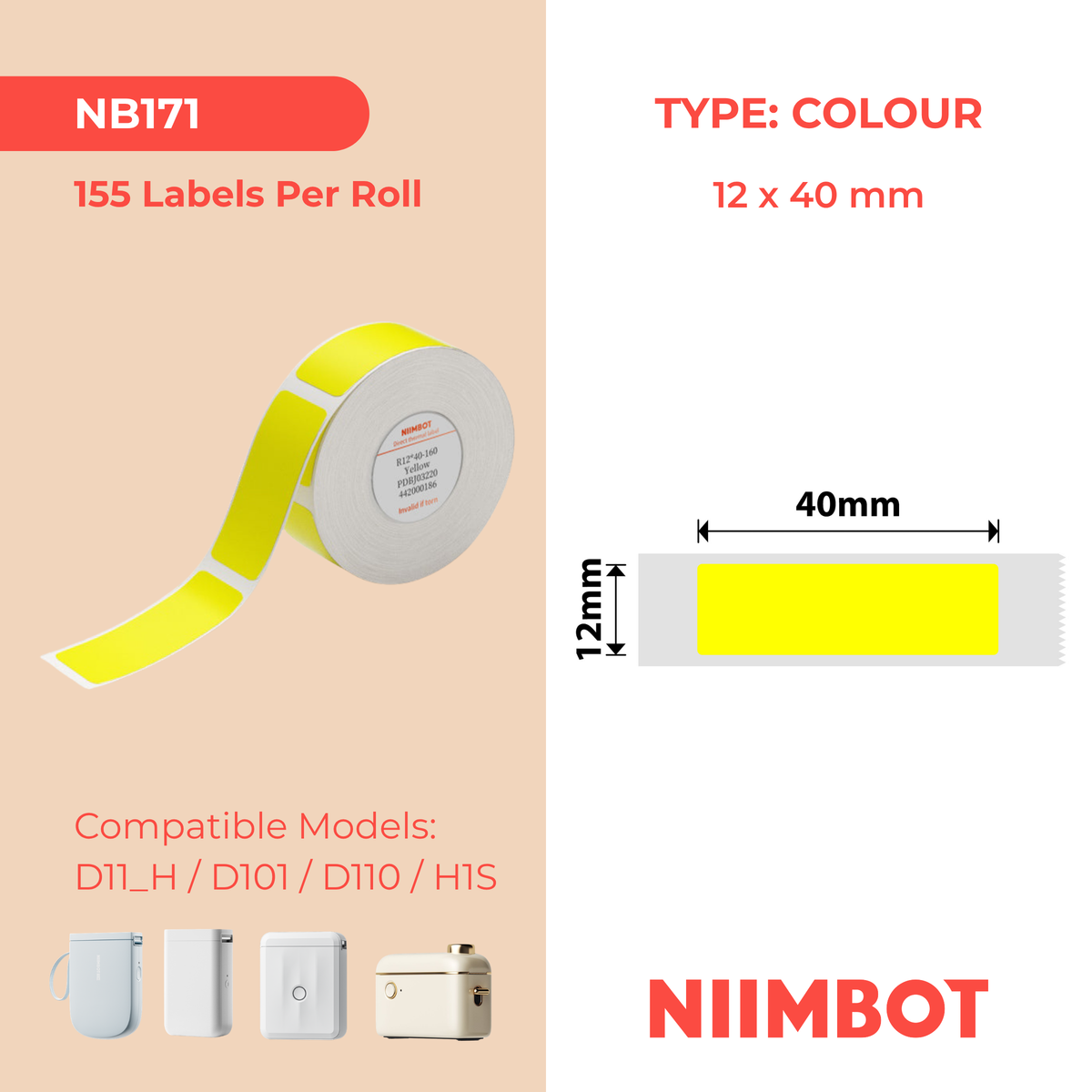 NB171 - NIIMBOT - D11 / D101 / D110 / H1S - 12X40MM - 160 ETICHETTE TERMICHE - GIALLO BRILLANTE