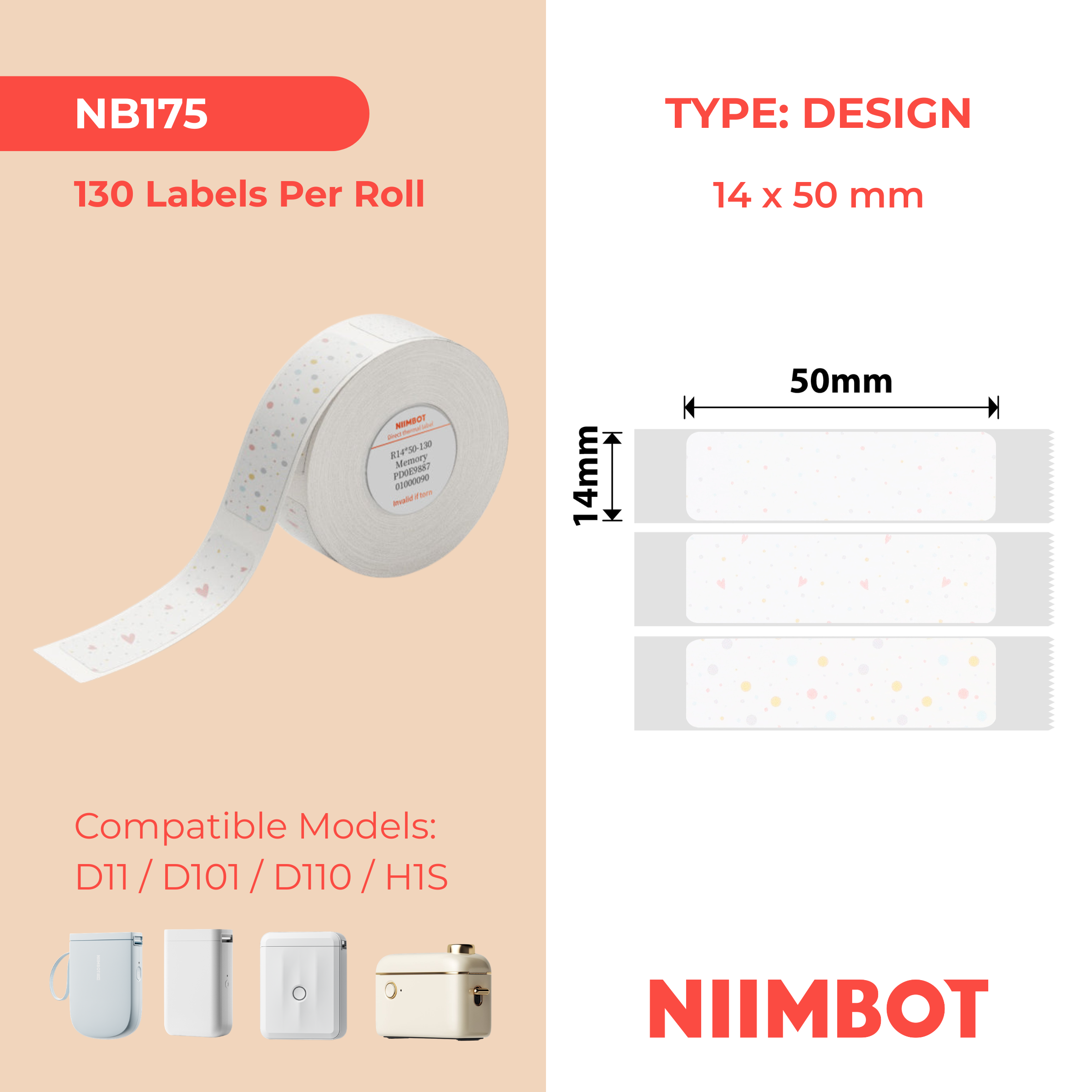 NB175 - NIIMBOT - D11 / D101 / D110 / H1S - 14X50MM - 130 MEMORY LABELS