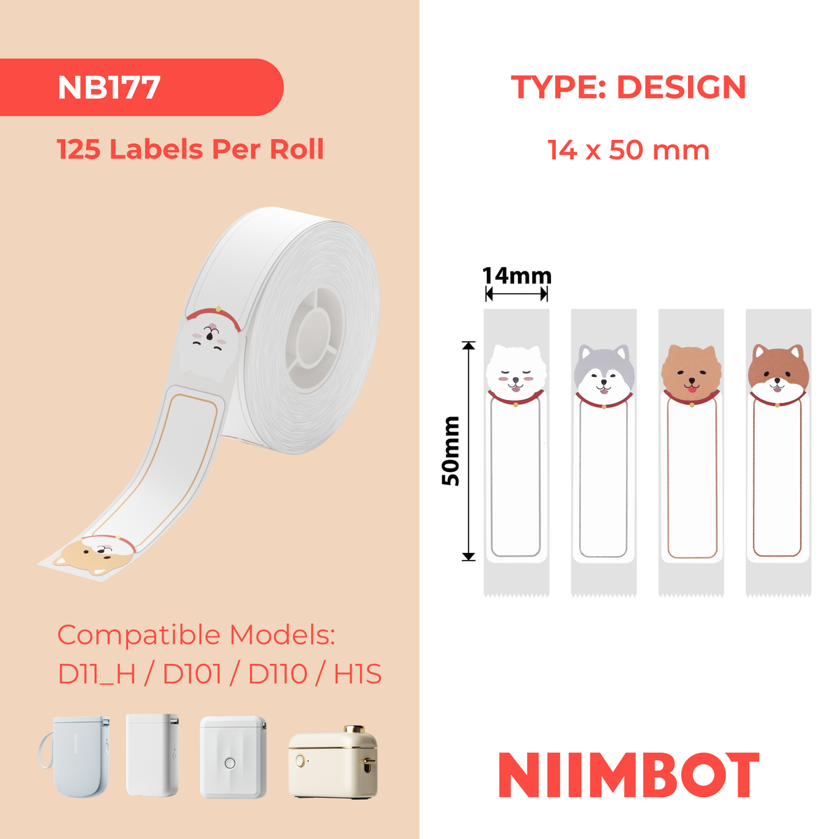 NIIMBOT - D Range - 14x50mm - Cute Puppy B - 125 Labels