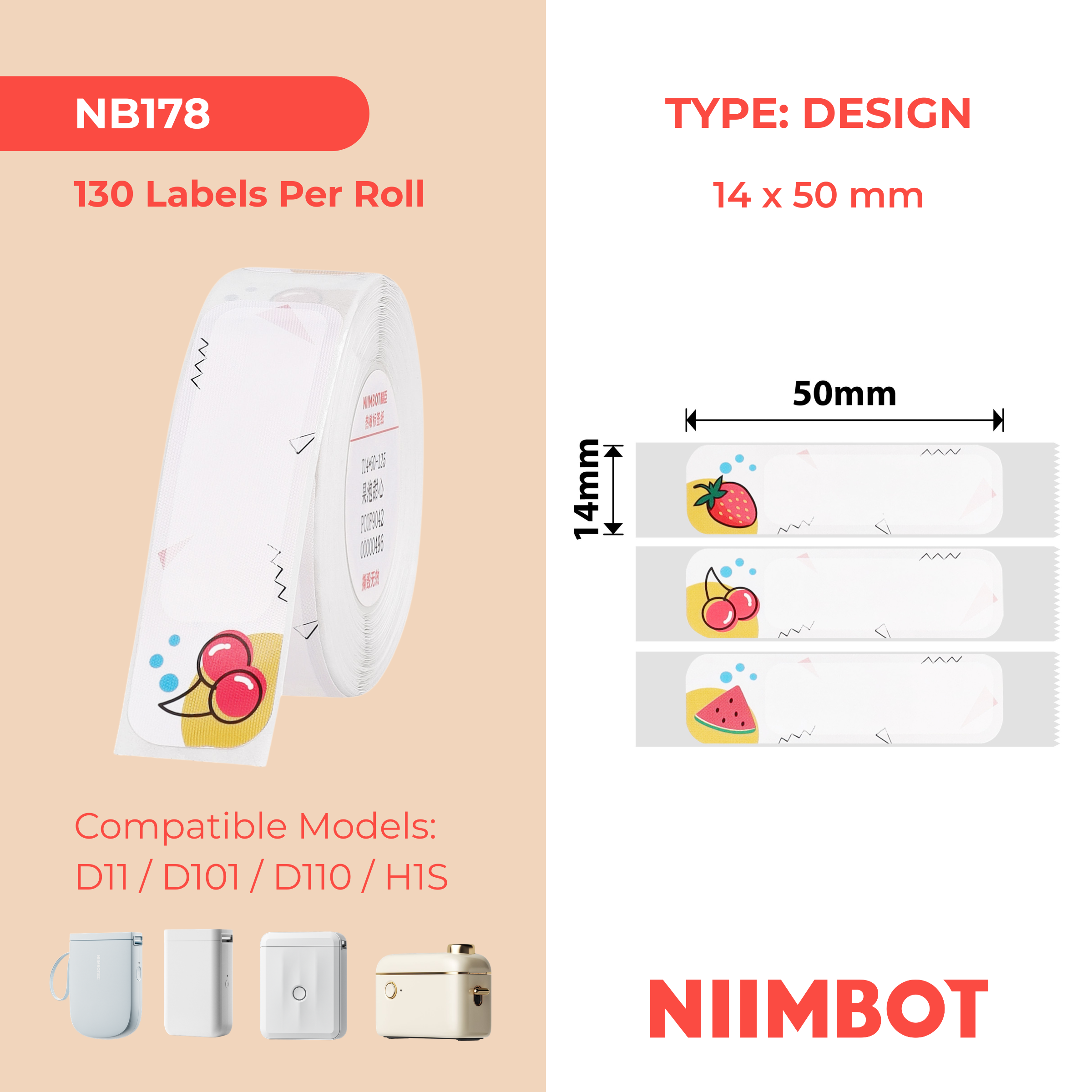 NB178 - NIIMBOT - D11 / D101 / D110 / H1S - 14X50MM - 130 SWEETFRUIT LABELS