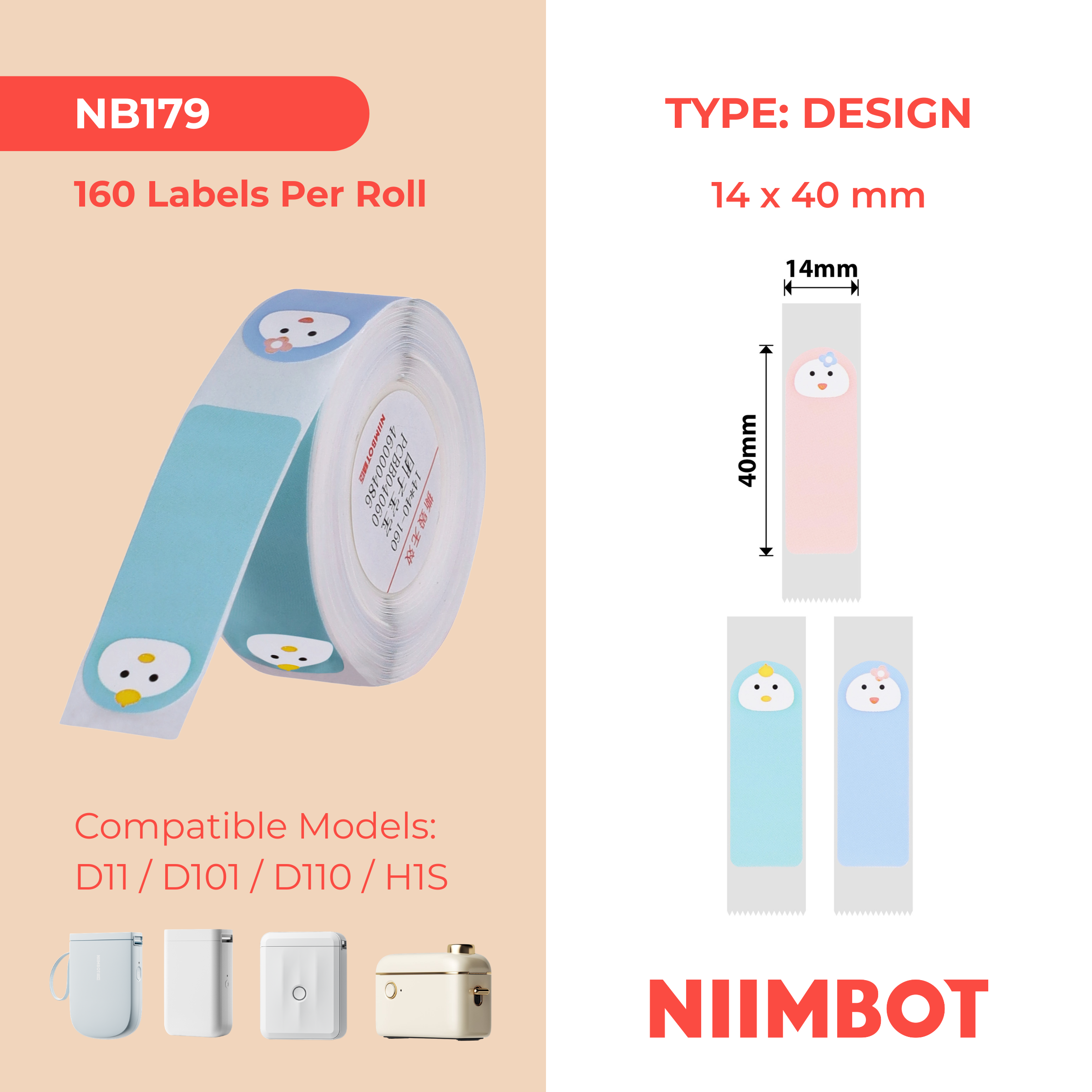 NB179 - NIIMBOT - D11 / D101 / D110 / H1S - 14X40MM - 160 BABY FACE LABELS