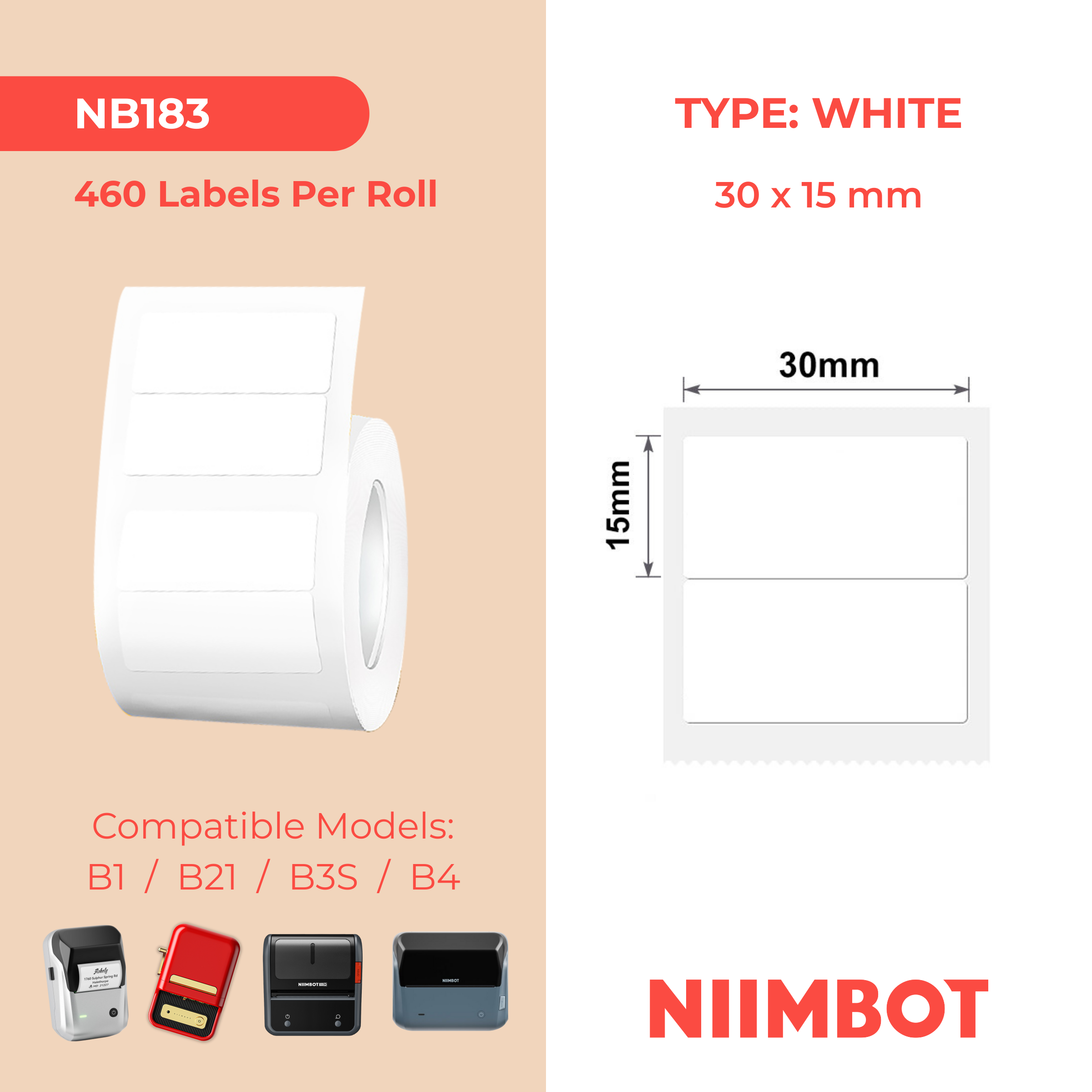 NB183 - Niimbot - B1 / B21 / B3S / B4 - 30x15mm/2R - 460 White Labels