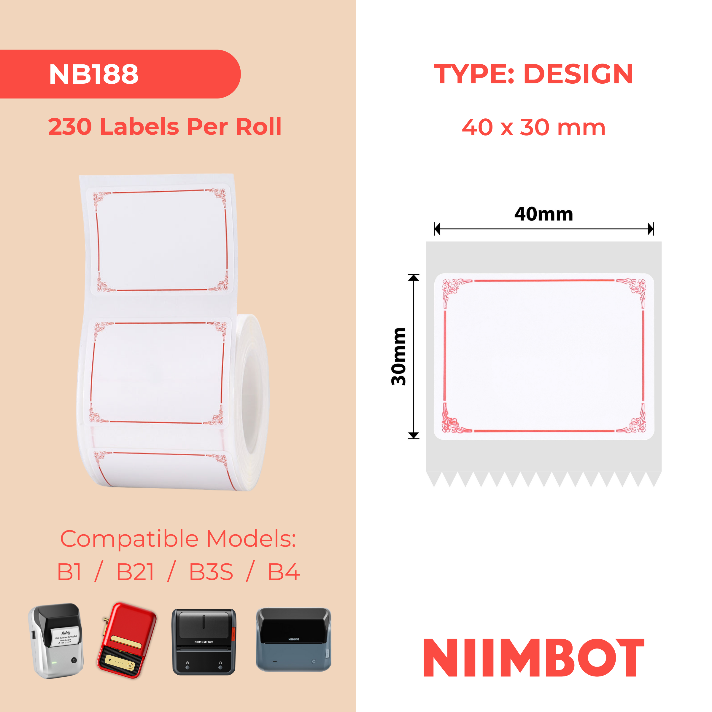NB188 - NIIMBOT - B1 / B21 / B3S / B4 - 40X30MM - 230 ETICHETTE PER ROTOLO - DESIGN CON BORDO ROSSO
