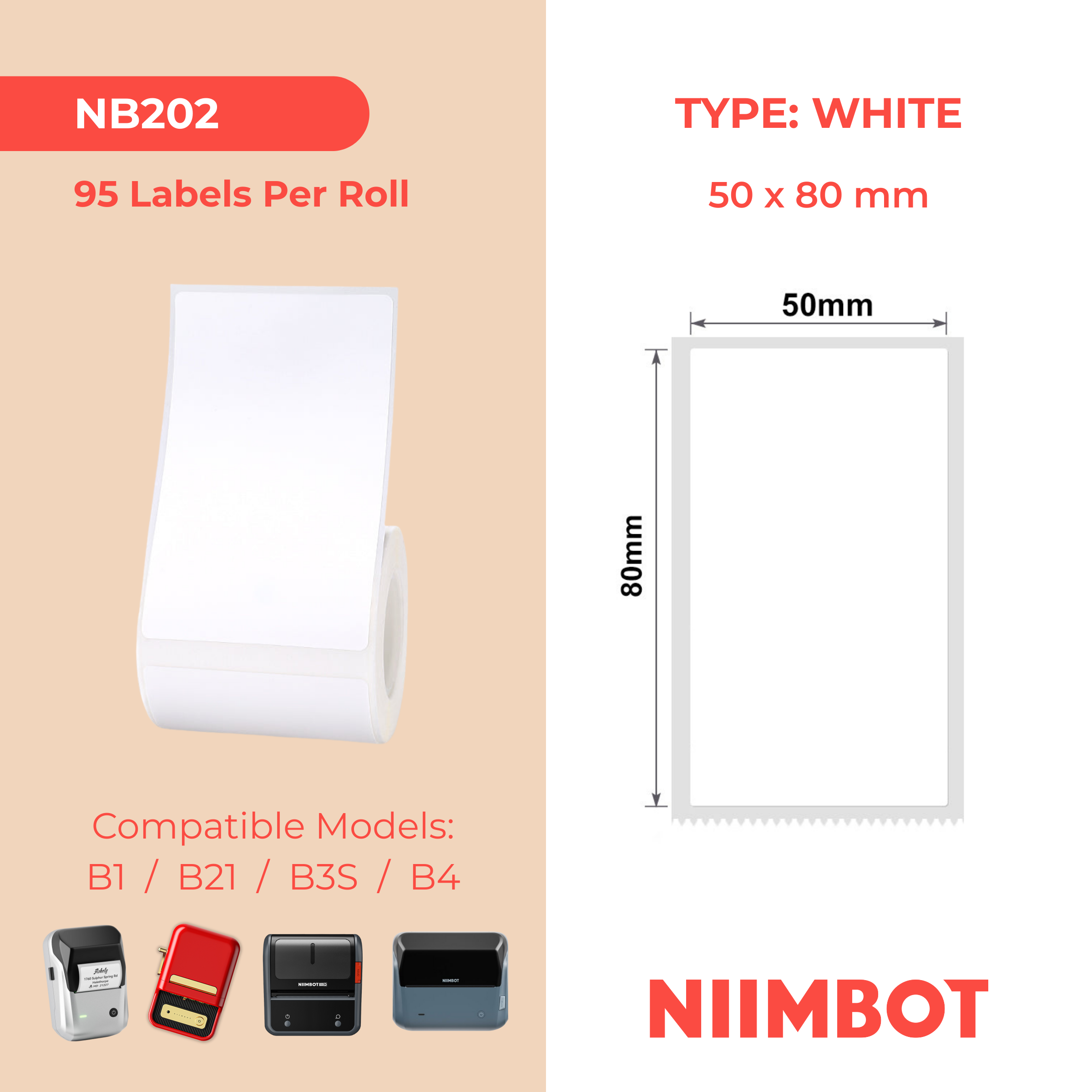NB202 - NIIMBOT - B1 / B21 / B3S / B4 - 50 x 80 mm - 95 étiquettes par rouleau - Blanches