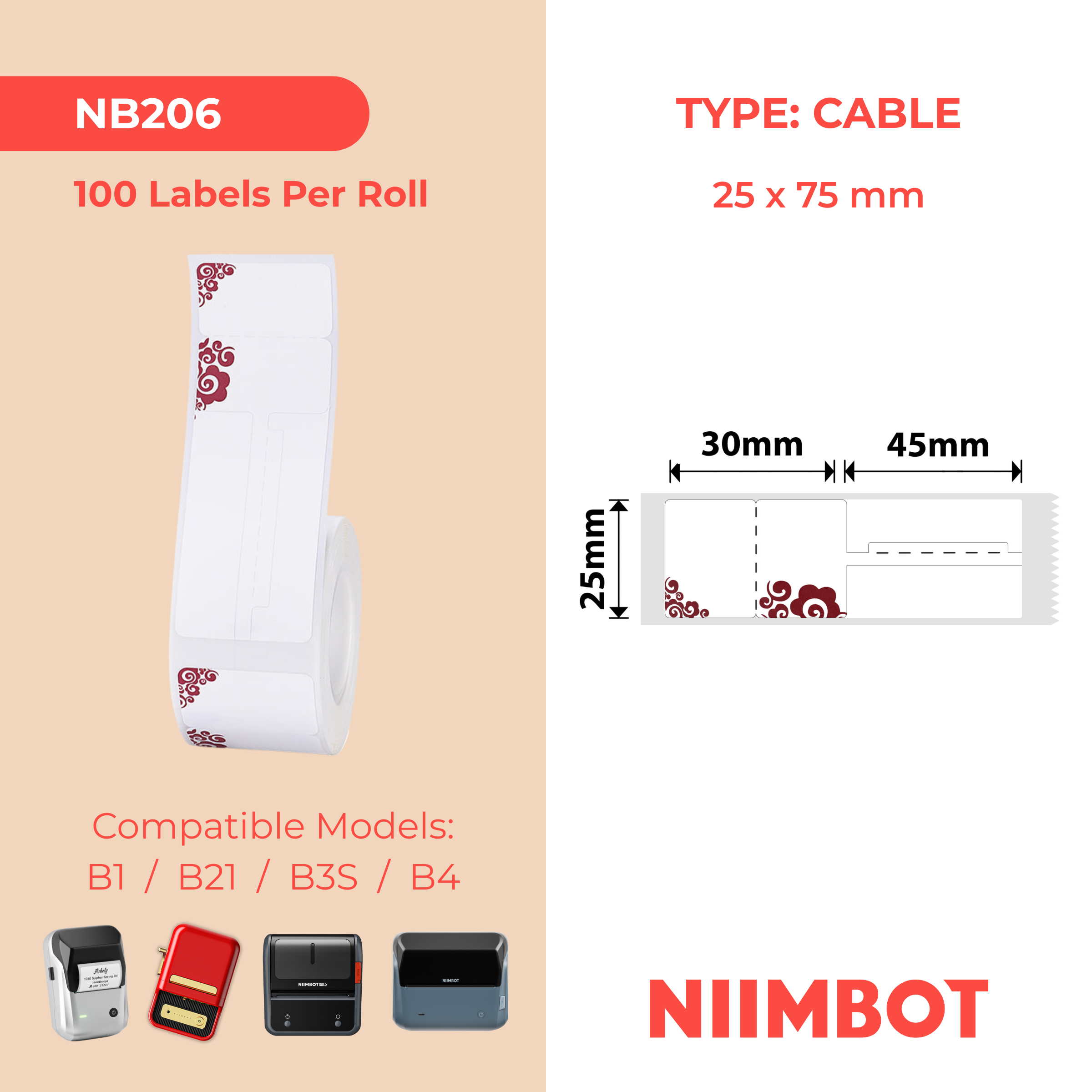 NB206 - NIIMBOT - B1 / B21 / B3S / B4 - 25X75MM - 100 DEEP RED CABLE LABELS