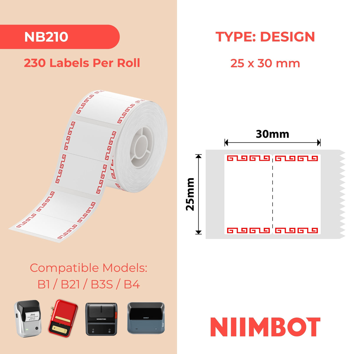 NIIMBOT - B Range - 25x30mm - Azalea Red - 230 Labels