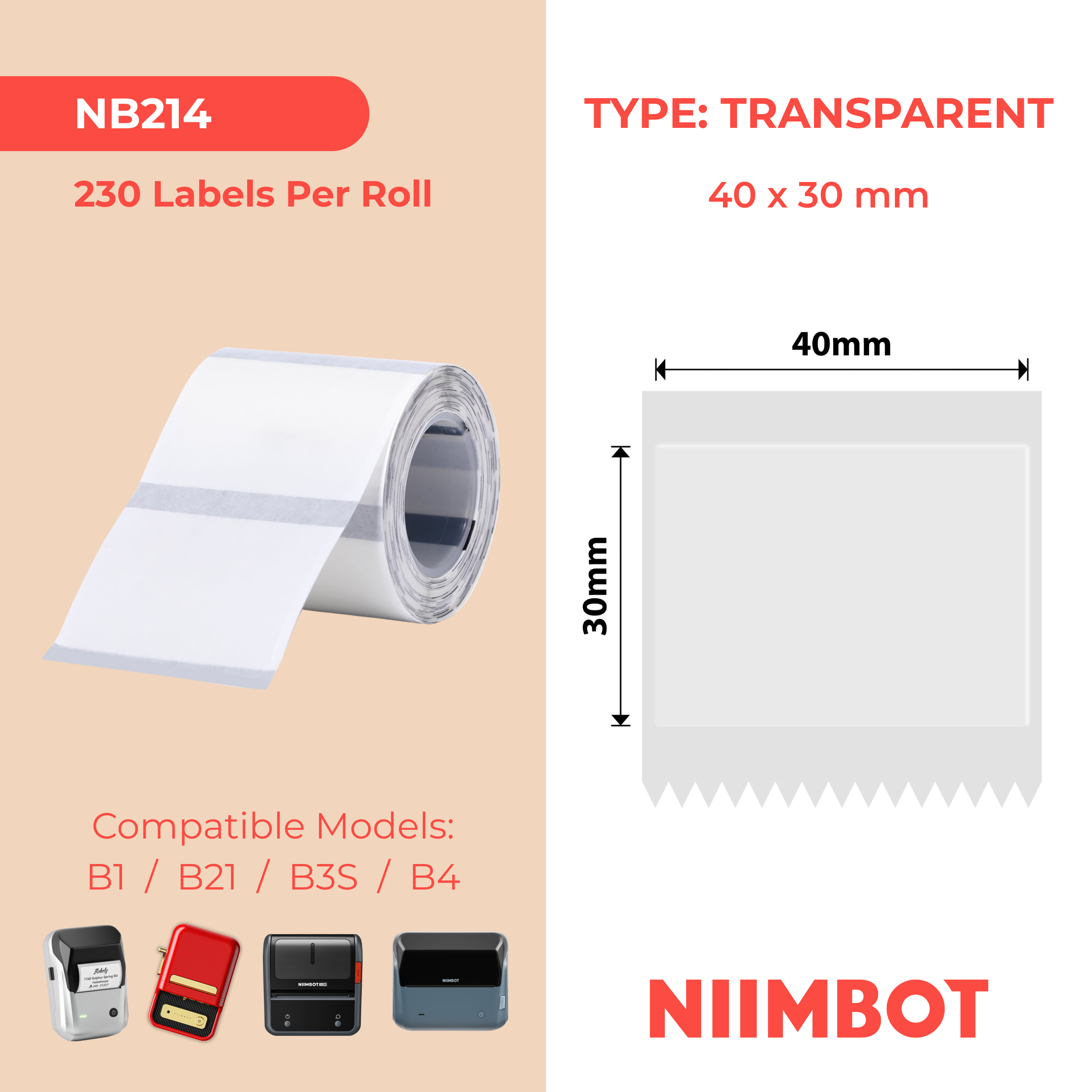 NB214 - NIIMBOT - B1 / B21 / B3S / B4 - TT40X30MM - 230 ETICHETTE PER ROTOLO - TRASPARENTE