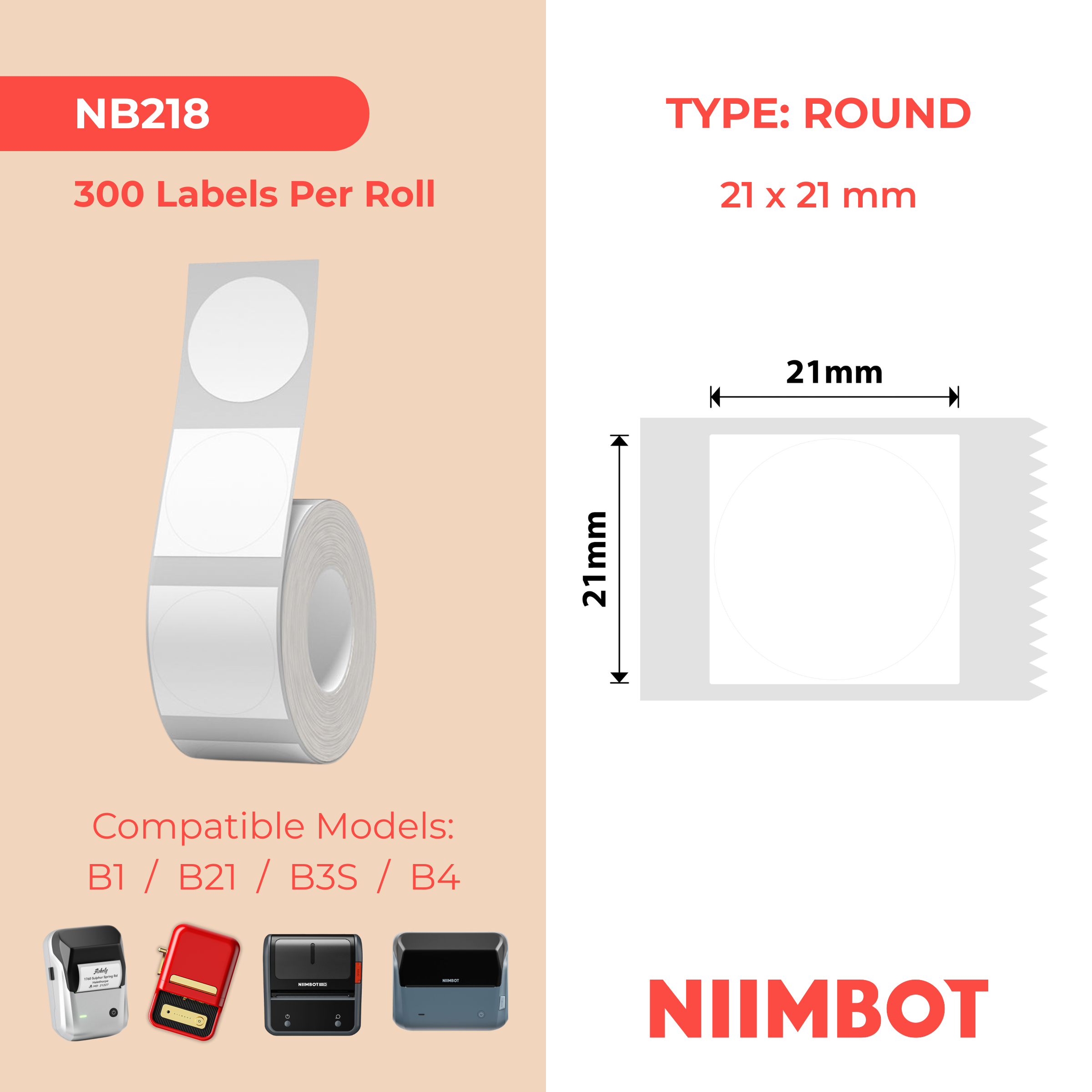 NB218 - NIIMBOT - B1 / B21 / B3S / B4 - 21X21MM - 300 WHITE ROUND LABELS