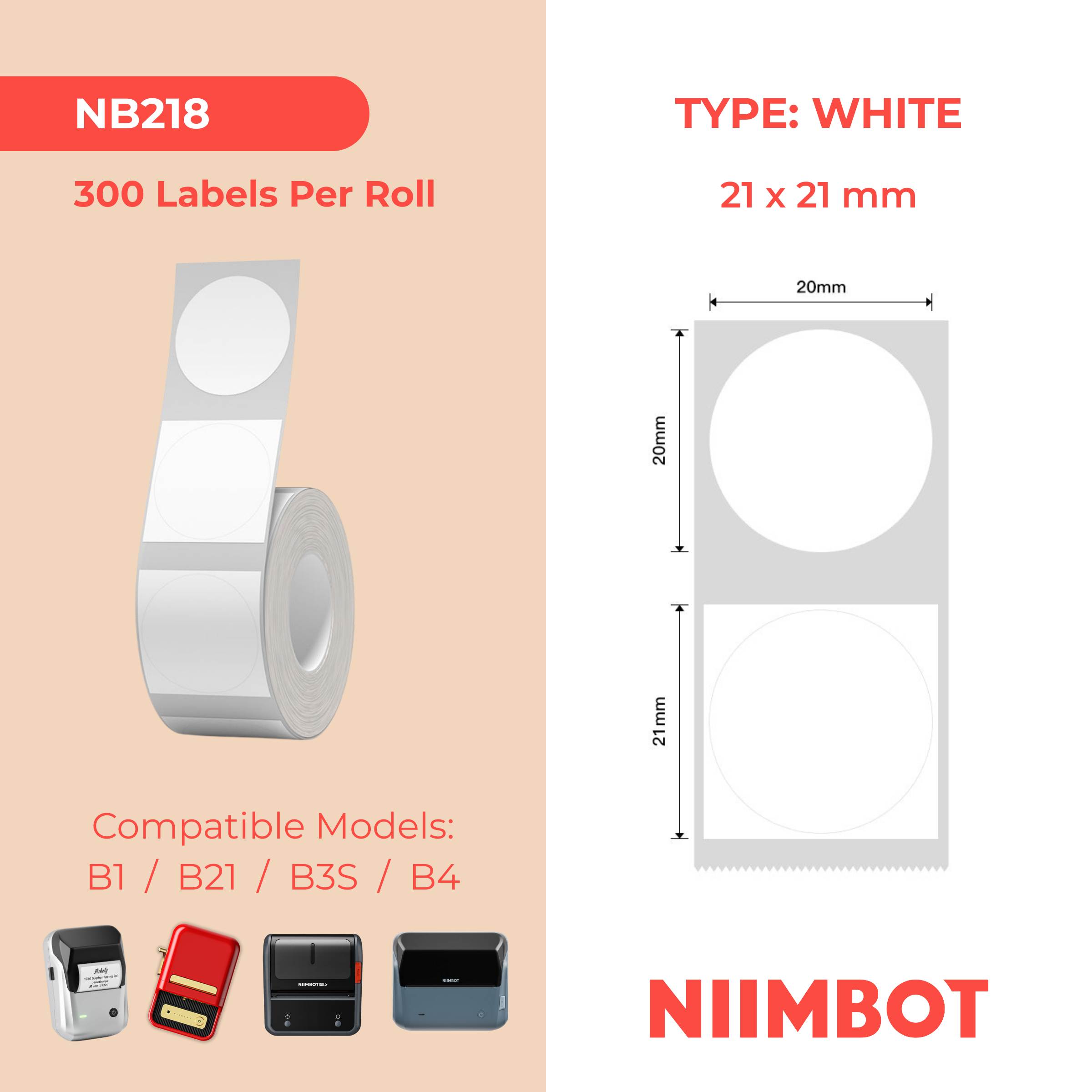 NB218 - NIIMBOT - B1 / B21 / B3S / B4 - 21X21MM - 300 LABELS PER ROLL - ROUND - WHITE