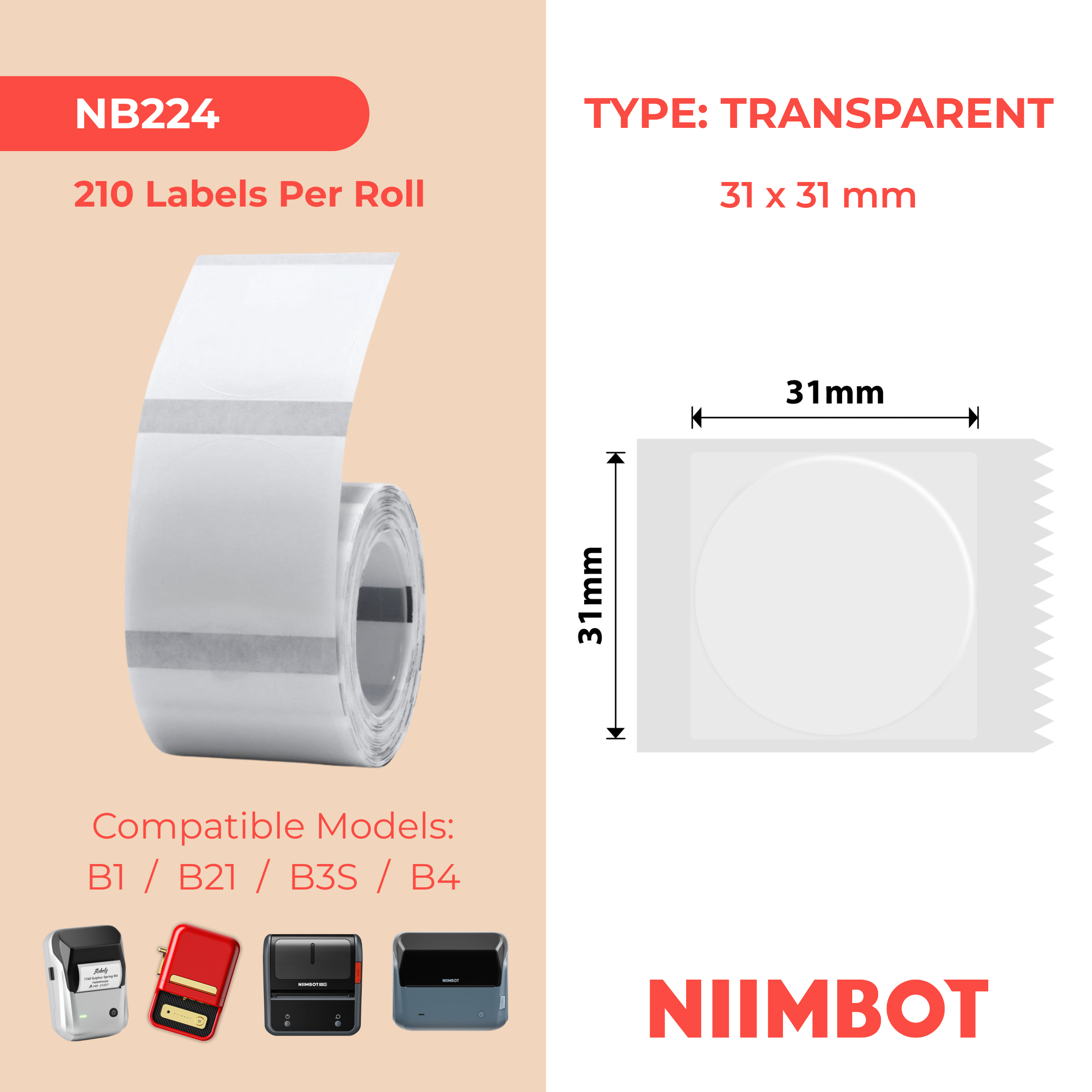 NB224 - NIIMBOT - B1 / B21 / B3S / B4 - 31X31MM - 210 TRANSPARENT ROUND LABELS