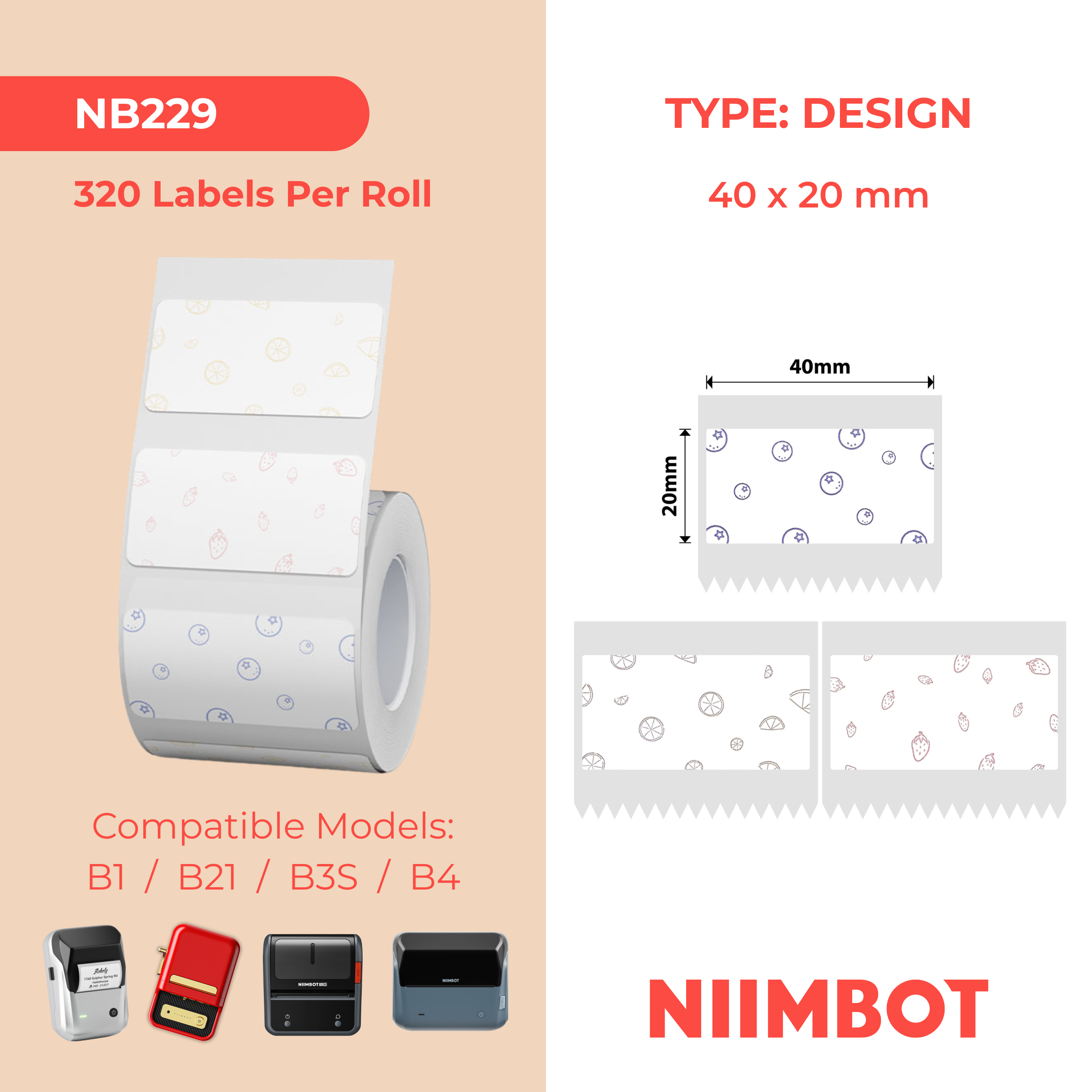 NB229 - NIIMBOT - B1 / B21 / B3S / B4 - 40X20MM - 320 FRUIT SHADING LABELS
