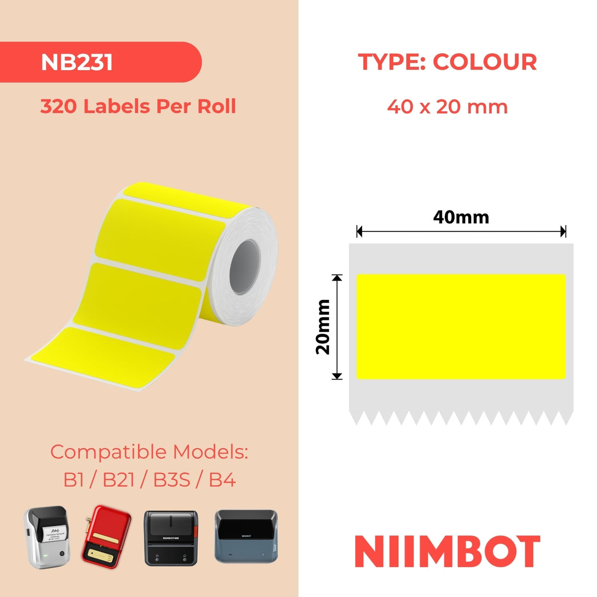 NB231 - NIIMBOT - B1 / B21 / B3S / B4 - 40X20MM - 320 ÉTIQUETTES THERMIQUES JAUNES