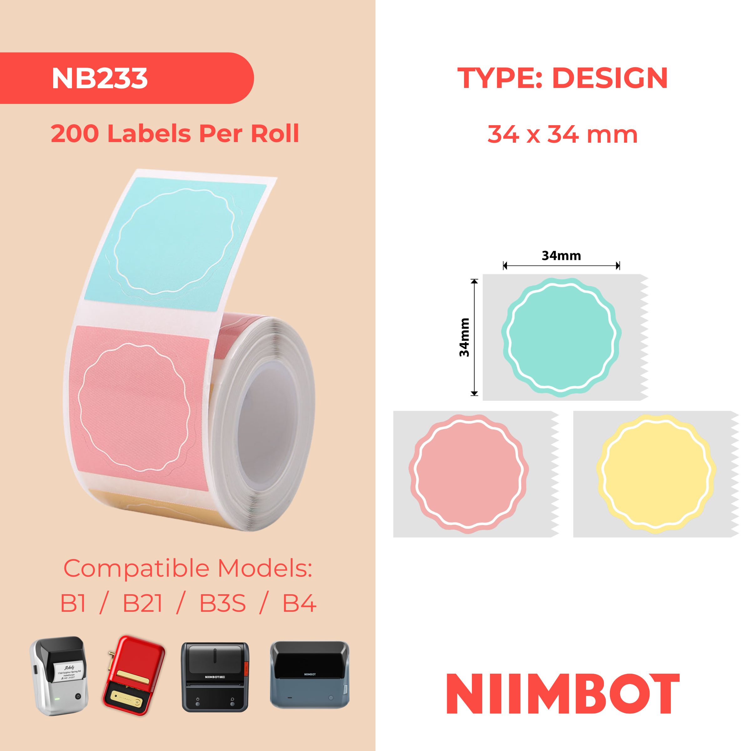 NB233 - NIIMBOT - B1 / B21 / B3S / B4 - 34X34MM - 200 WAVY ROUND PINK, YELLOW & BLUE MIXED LABELS