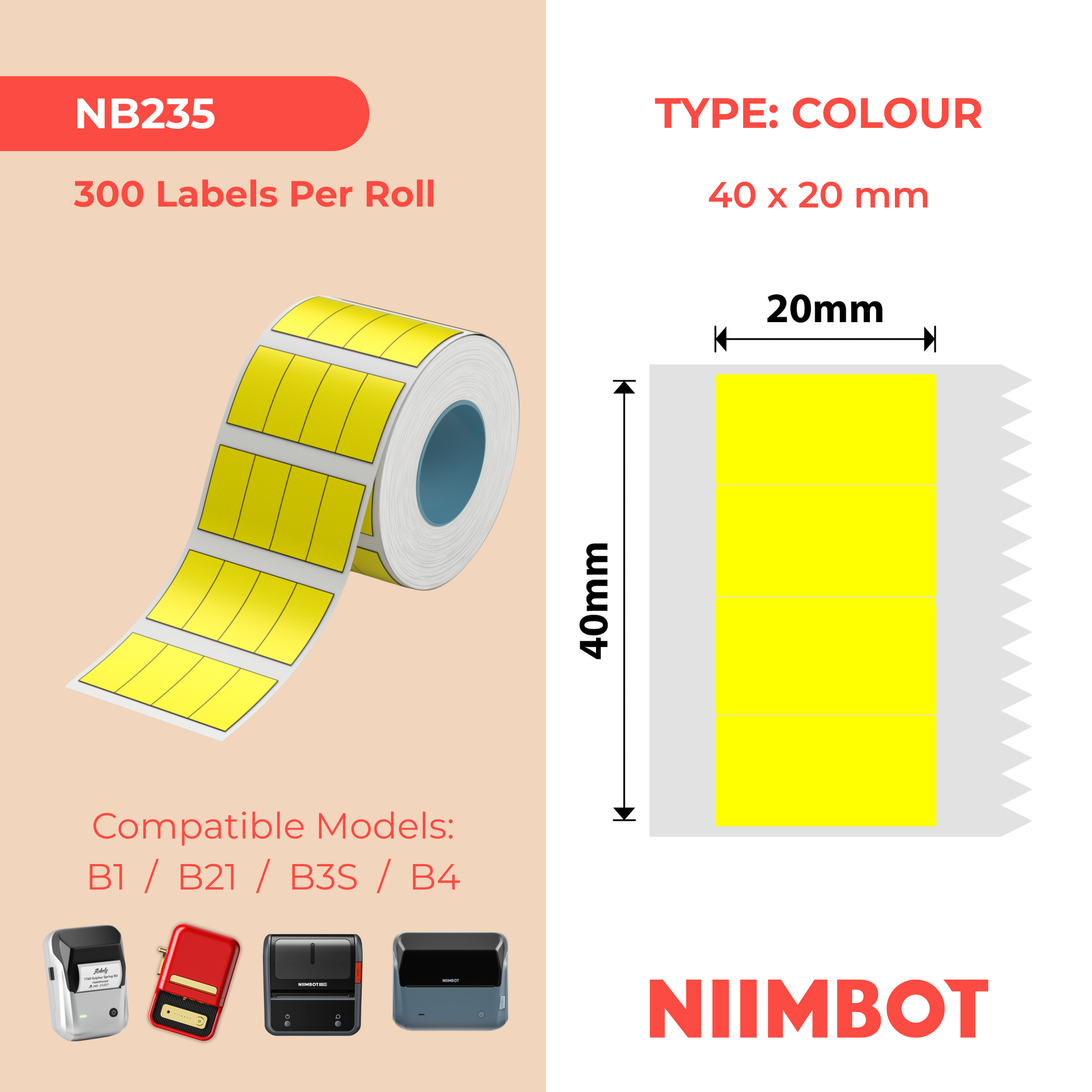 NB235 - NIIMBOT - B1 / B21 / B3S / B4 - 40X20MM - (10X20X4) - 300 YELLOW LABELS