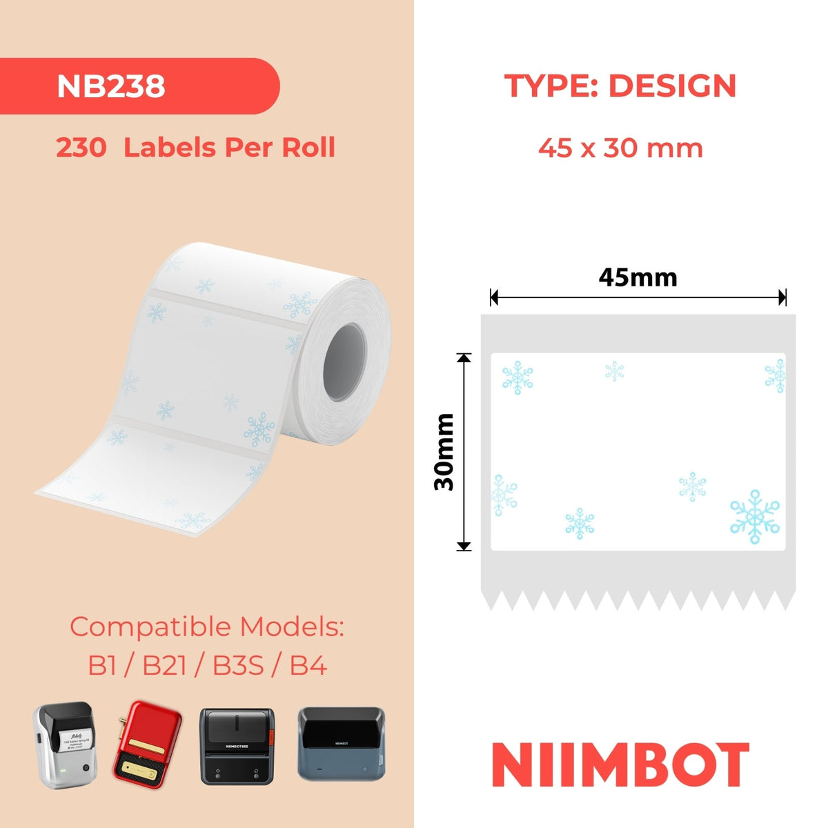 NB238 - NIIMBOT - B1 / B21 / B3S / B4 - 45X30MM - 230 ETICHETTE PER ROTOLO - DESIGN BLU NEVE