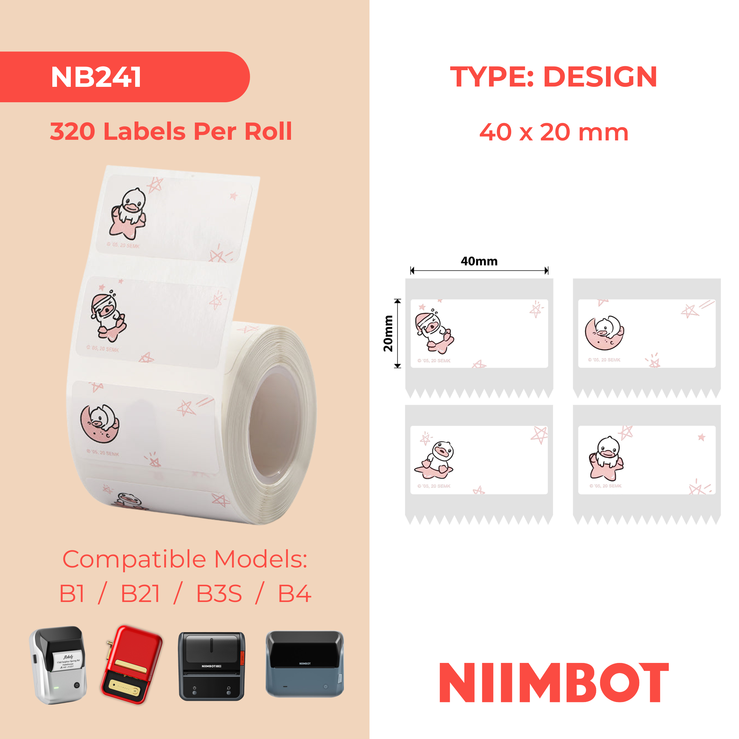 NB241 - NIIMBOT - B1 / B21 / B3S / B4 - 40X20MM - 320 ETICHETTE PER ROTOLO - DESIGN ANATRA