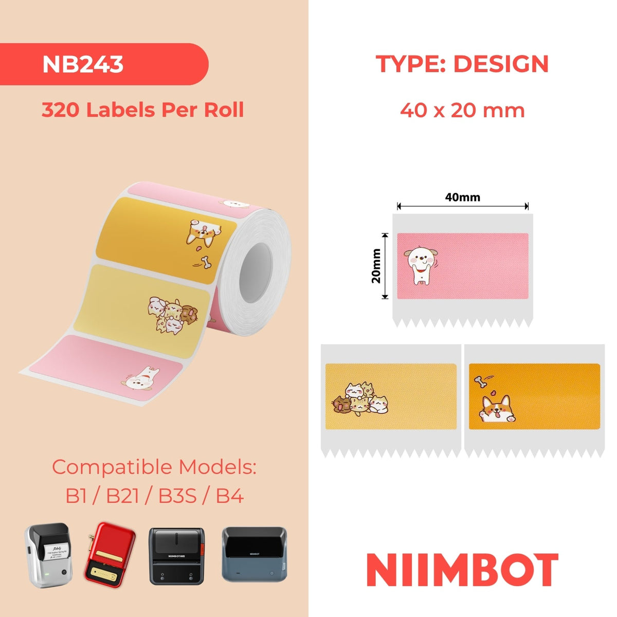 NIIMBOT - B Range - 40x20mm - Pink & Orange, Cat & Dog - 320 Labels