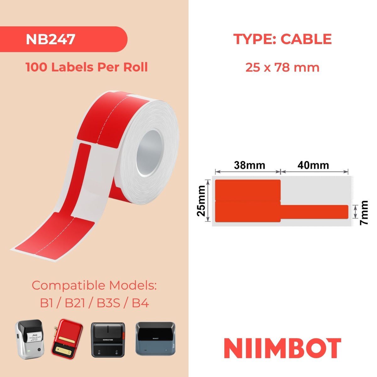 NIIMBOT - B Range - 25x78mm - Red Cable - 100 Labels