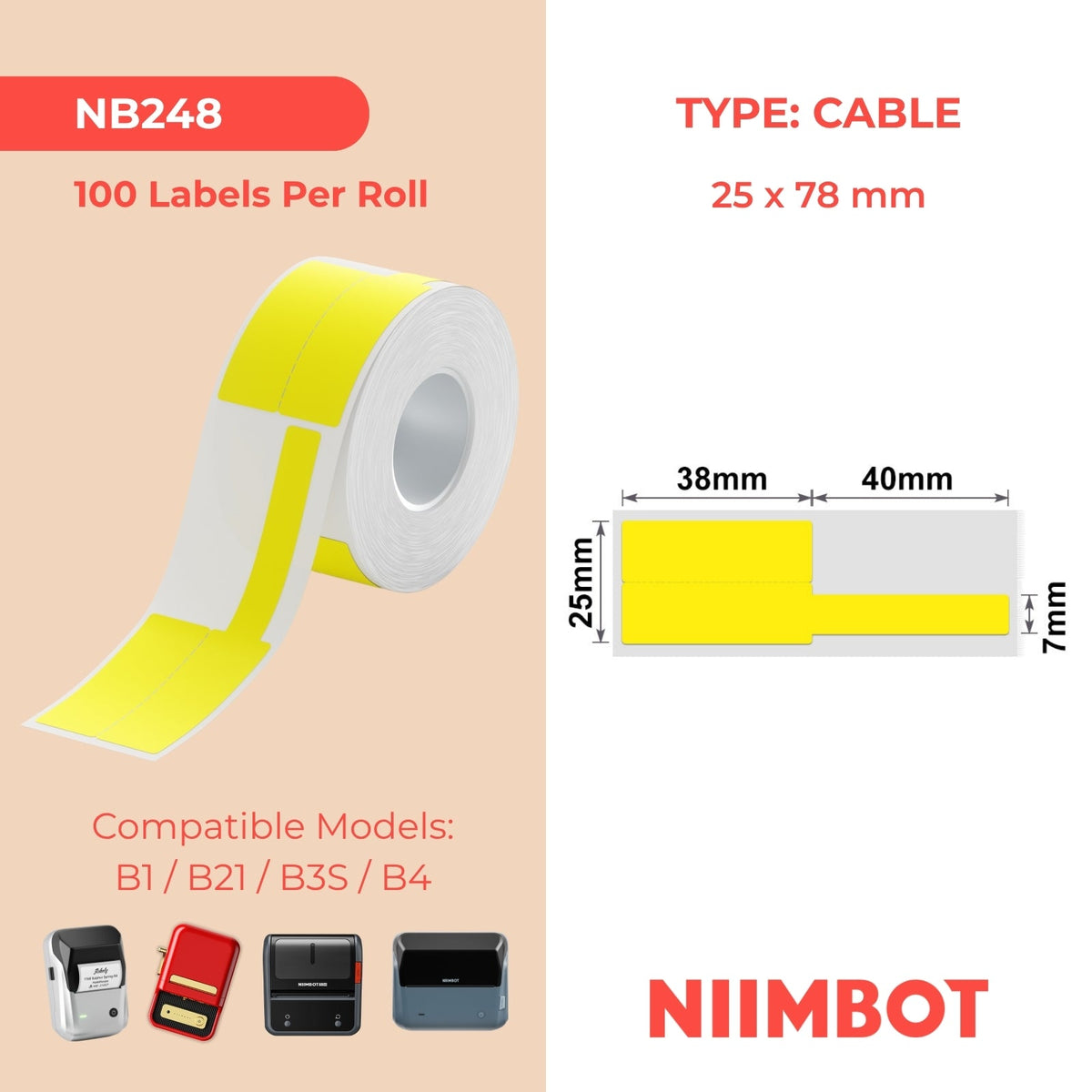 NIIMBOT - B Range - 25x78mm - Yellow Cable - 100 Labels