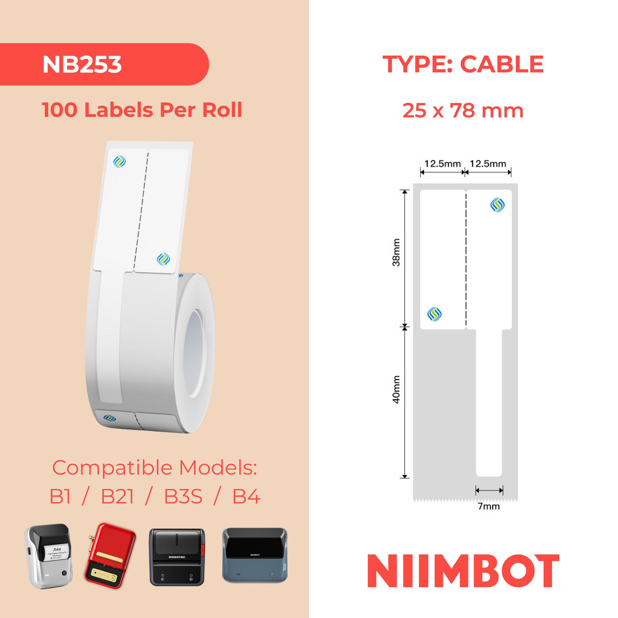 NB253 - Niimbot - B1 / B21 / B3S / B4 - 25x78mm - 100 White Cable Labels (Duplicate Nb246)