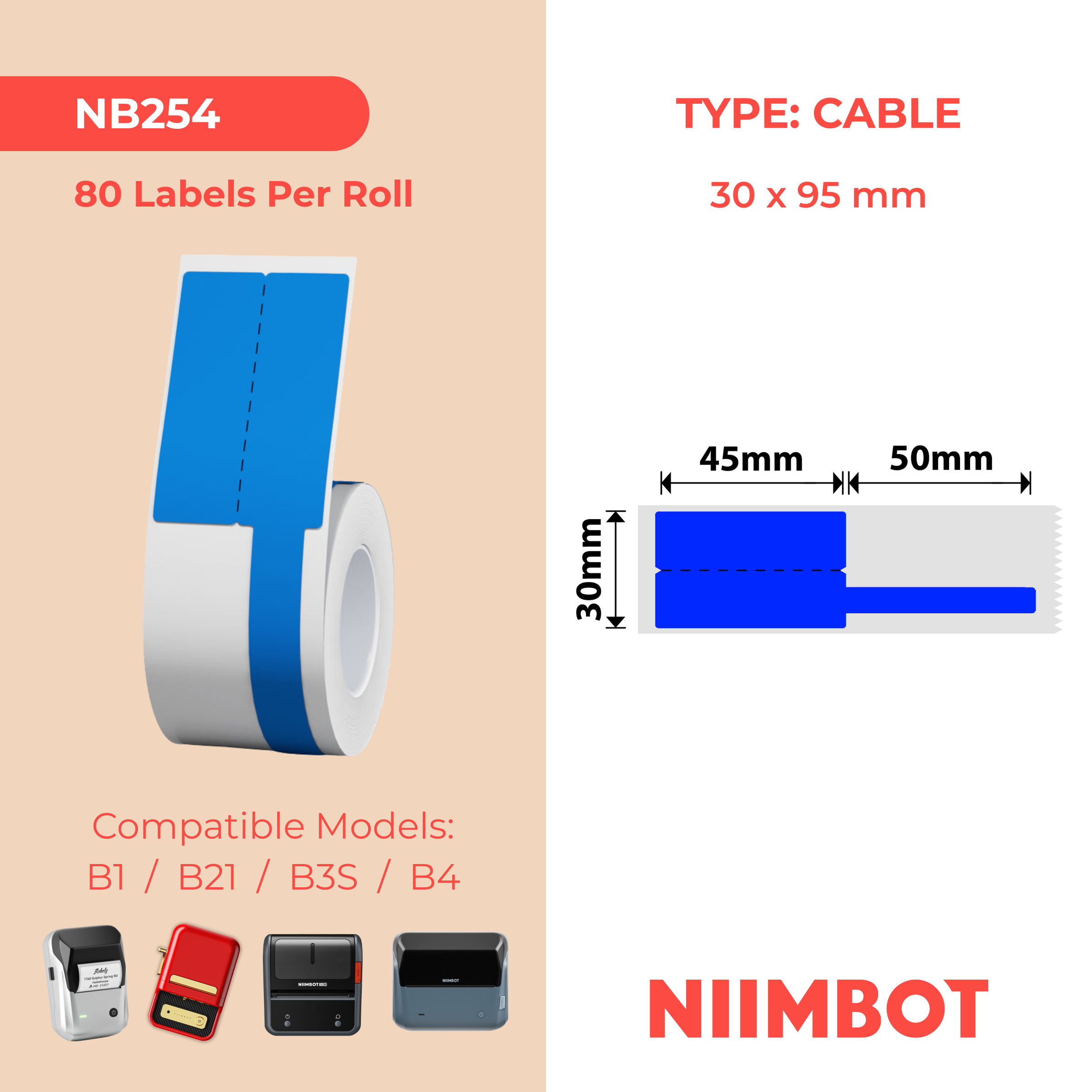 NB254 - NIIMBOT - B1 / B21 / B3S / B4 - 30X95MM - 80 BLUE CABLE LABELS
